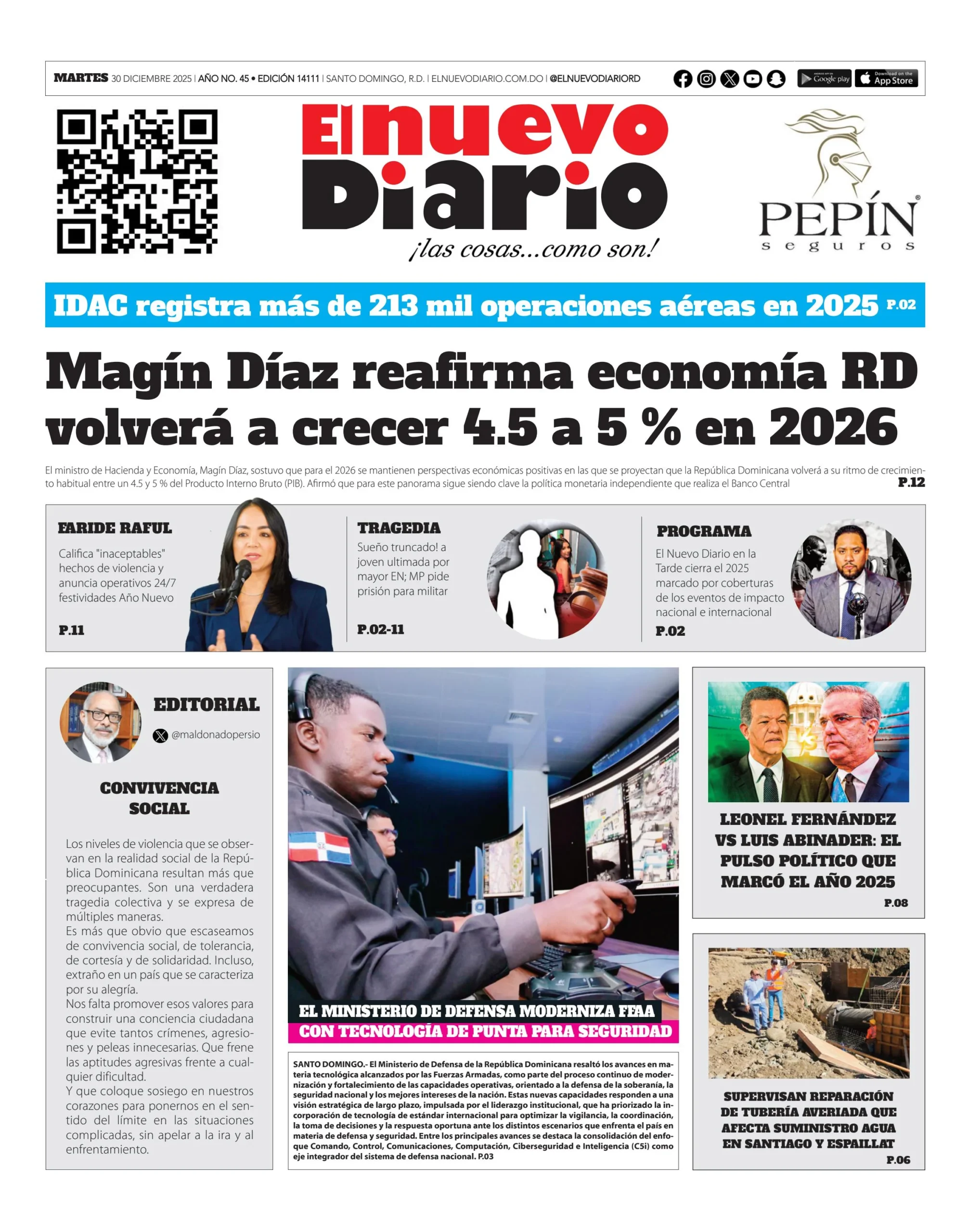 Portada Periódico El Nuevo Diario, Martes 30, Diciembre, 2025