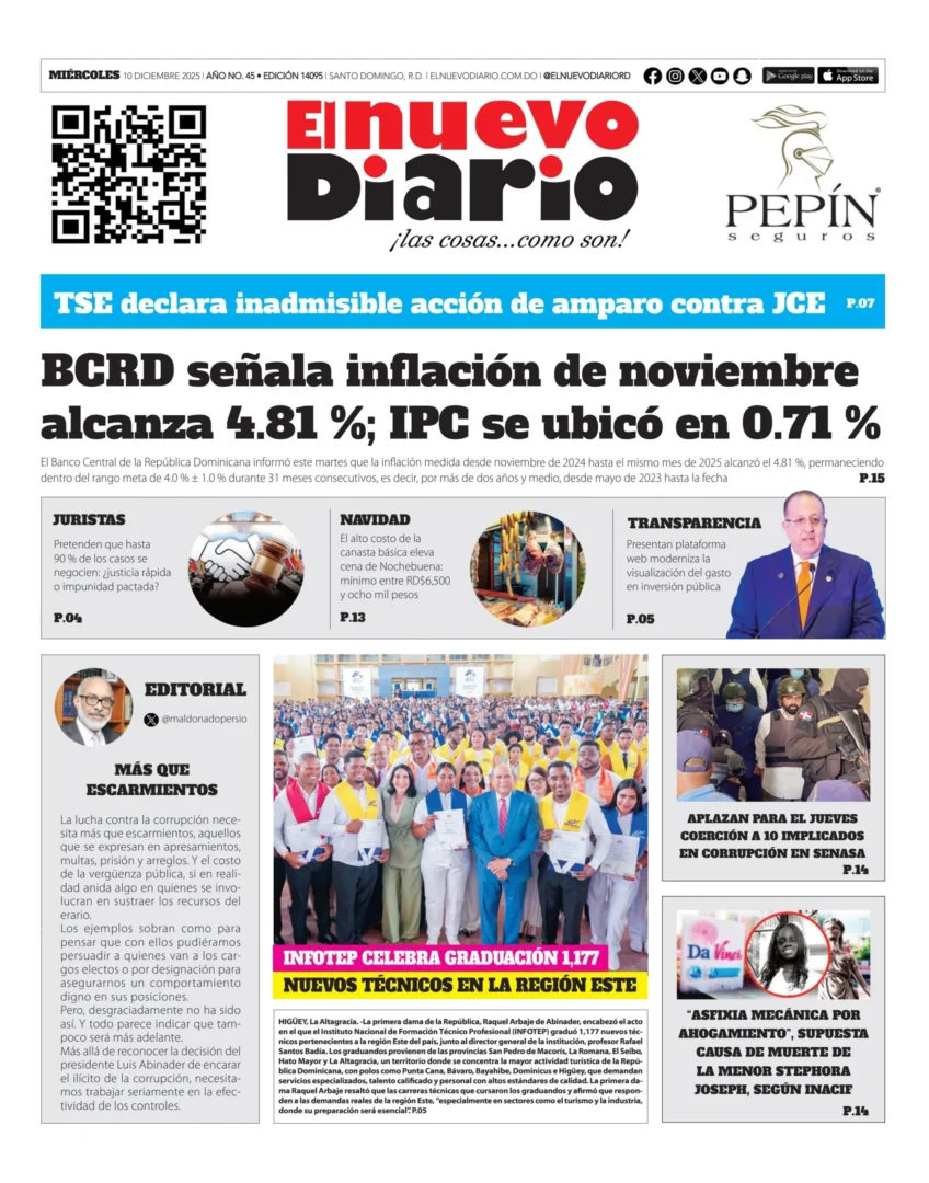 Portada Periódico El Nuevo Diario, Miércoles 10, Diciembre, 2025