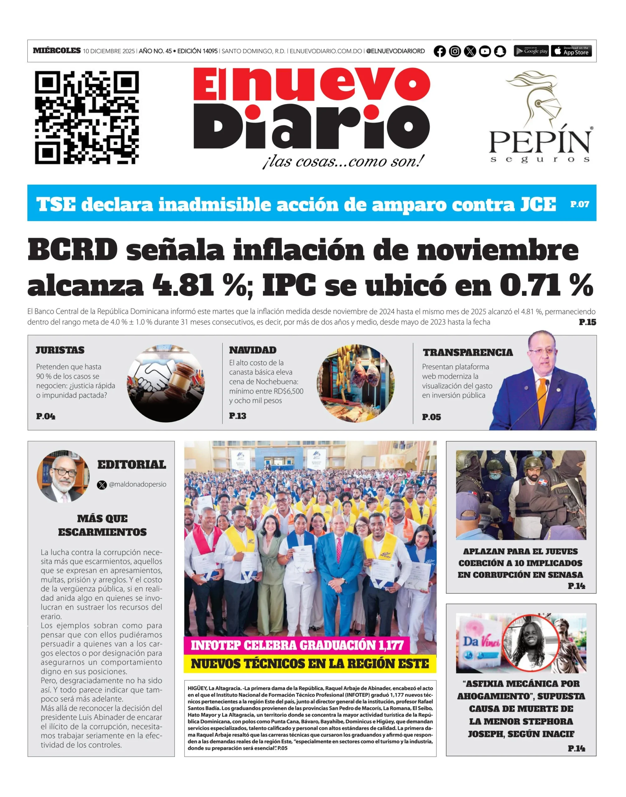 Portada Periódico El Nuevo Diario, Miércoles 10, Diciembre, 2025