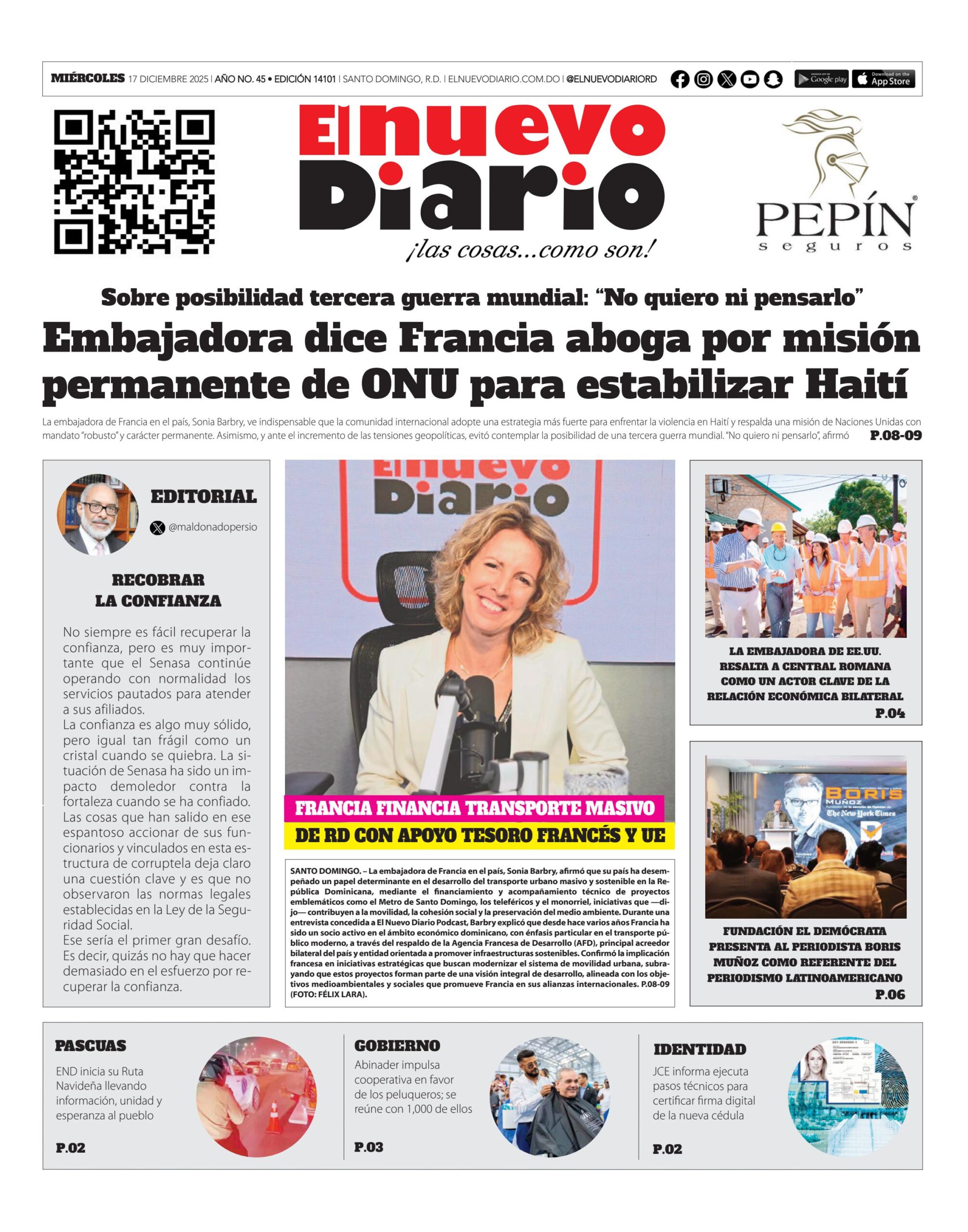 Portada Periódico El Nuevo Diario, Miércoles 17, Diciembre, 2025