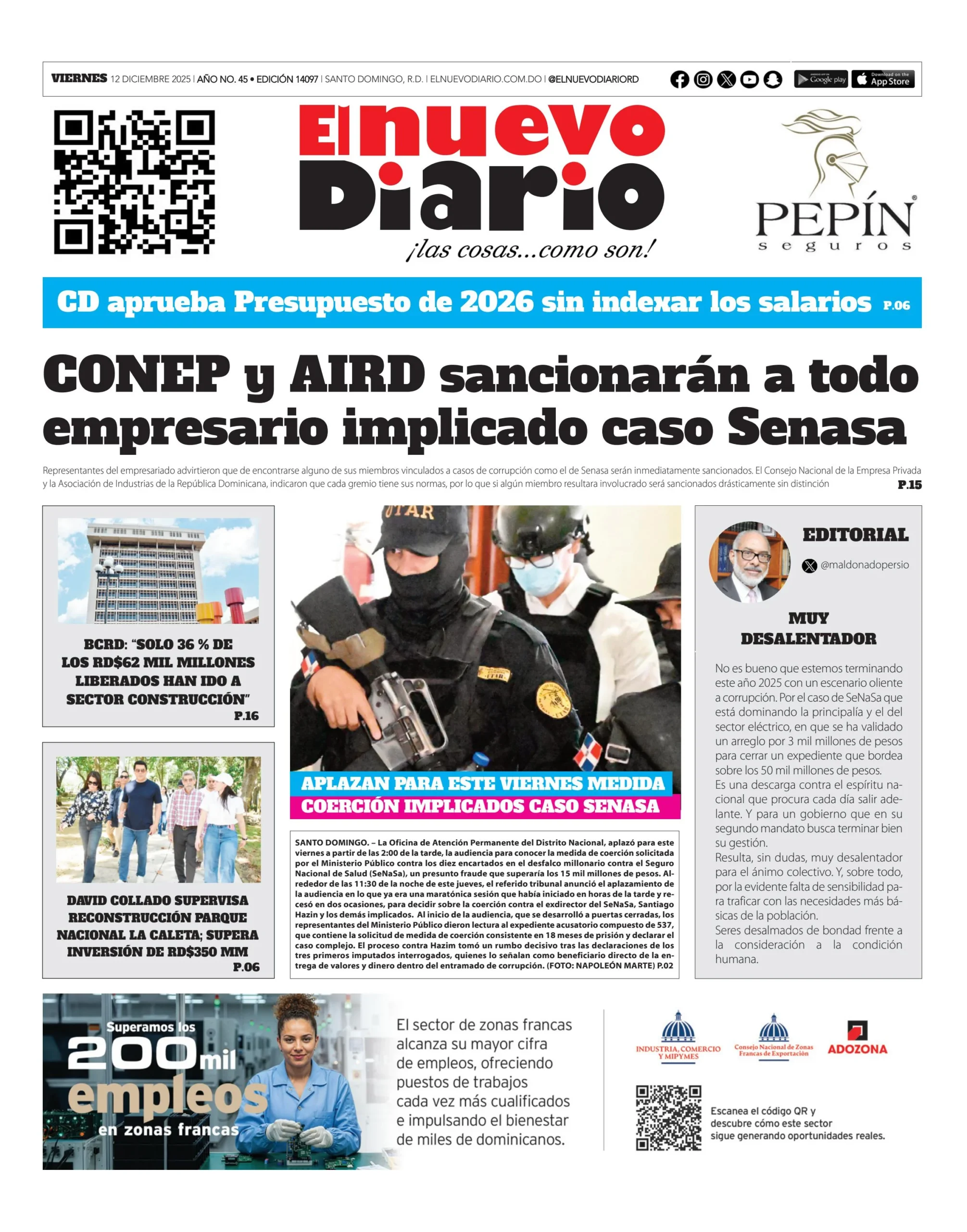 Portada Periódico El Nuevo Diario, Viernes 12, Diciembre, 2025