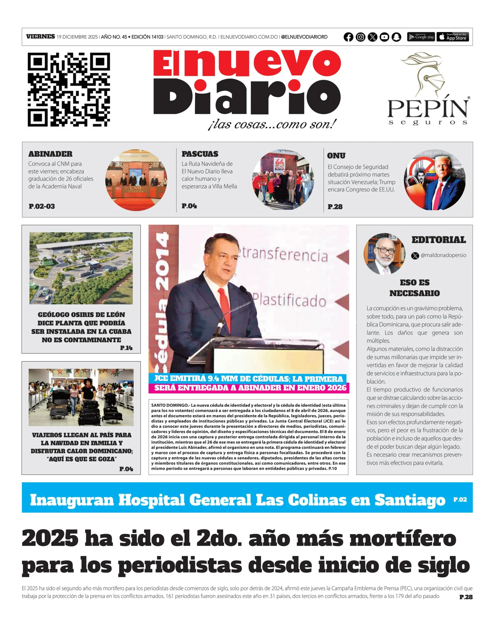 Portada Periódico El Nuevo Diario, Viernes 19, Diciembre, 2025