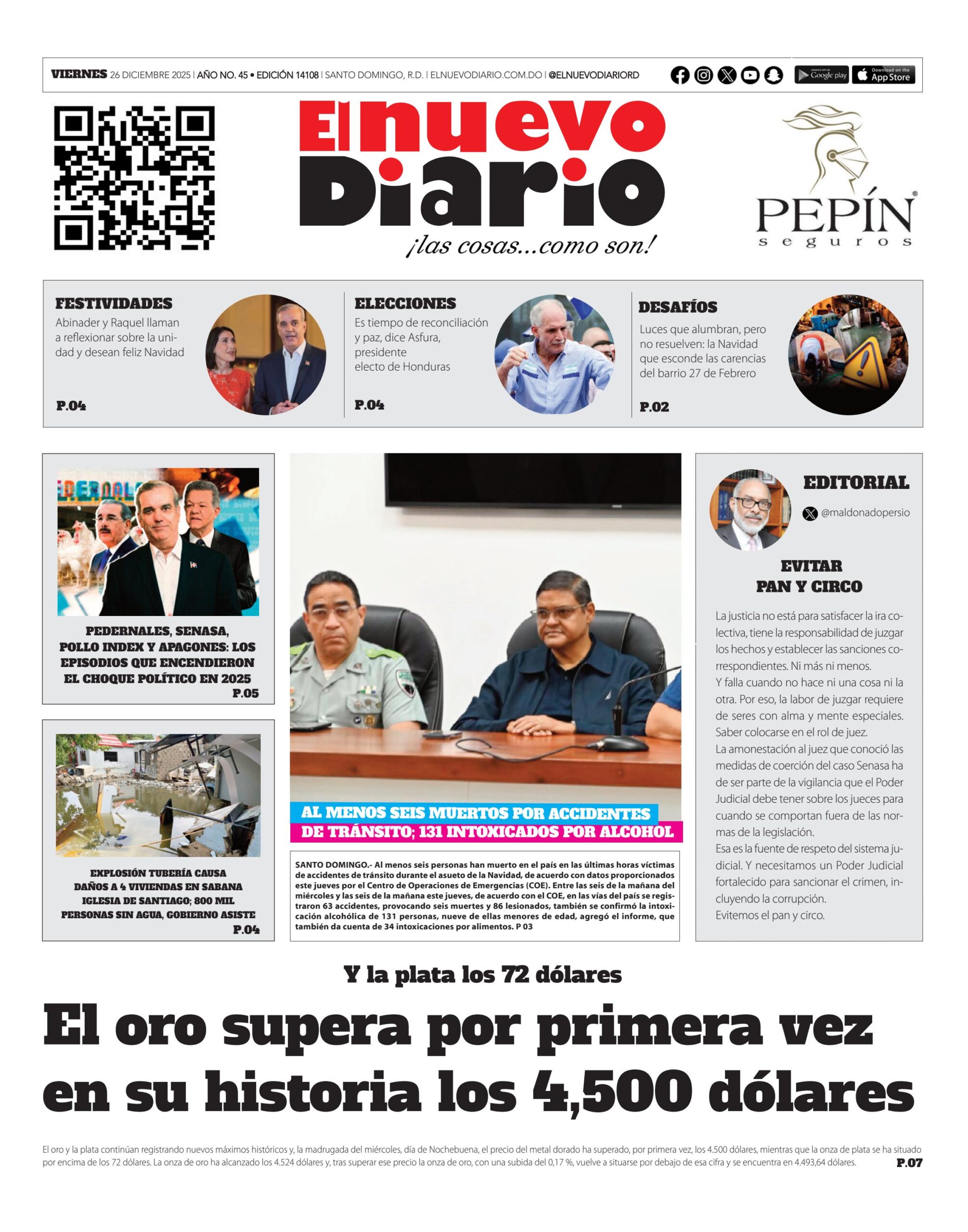 Portada Periódico El Nuevo Diario, Viernes 26, Diciembre, 2025