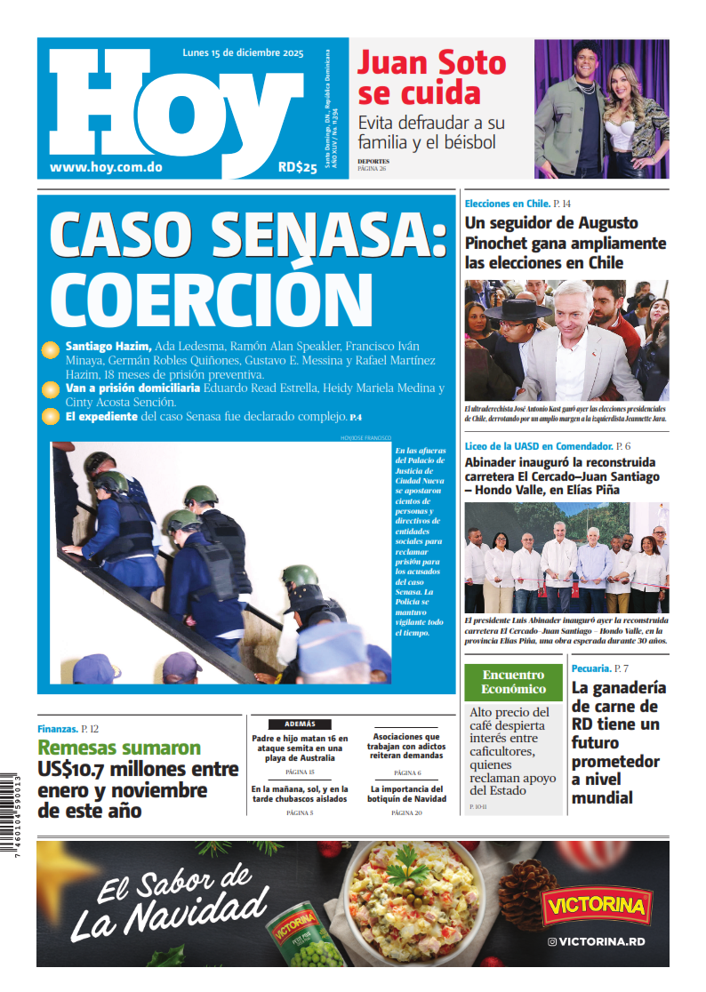 Portada Periódico Hoy, Lunes 15, Diciembre, 2025
