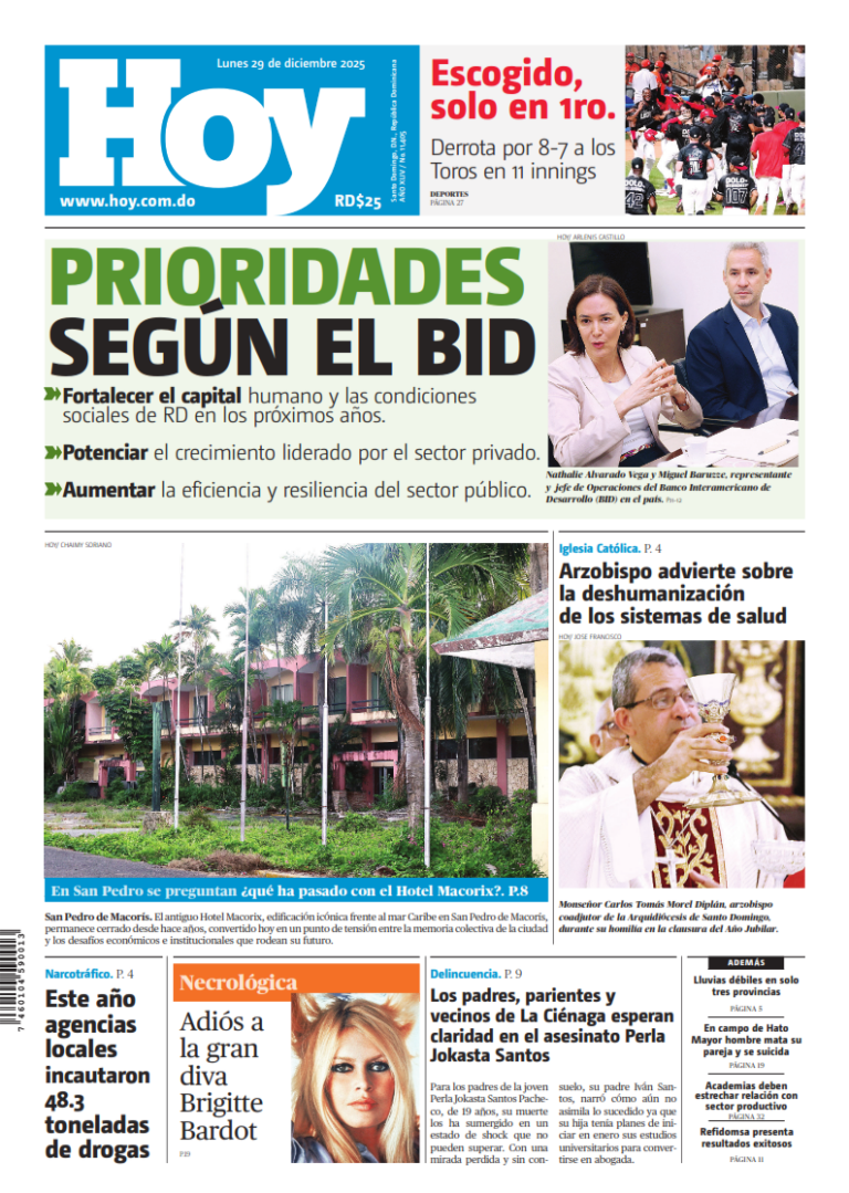 Portada Periódico Hoy, Lunes 29, Diciembre, 2025 - Dominicana.do