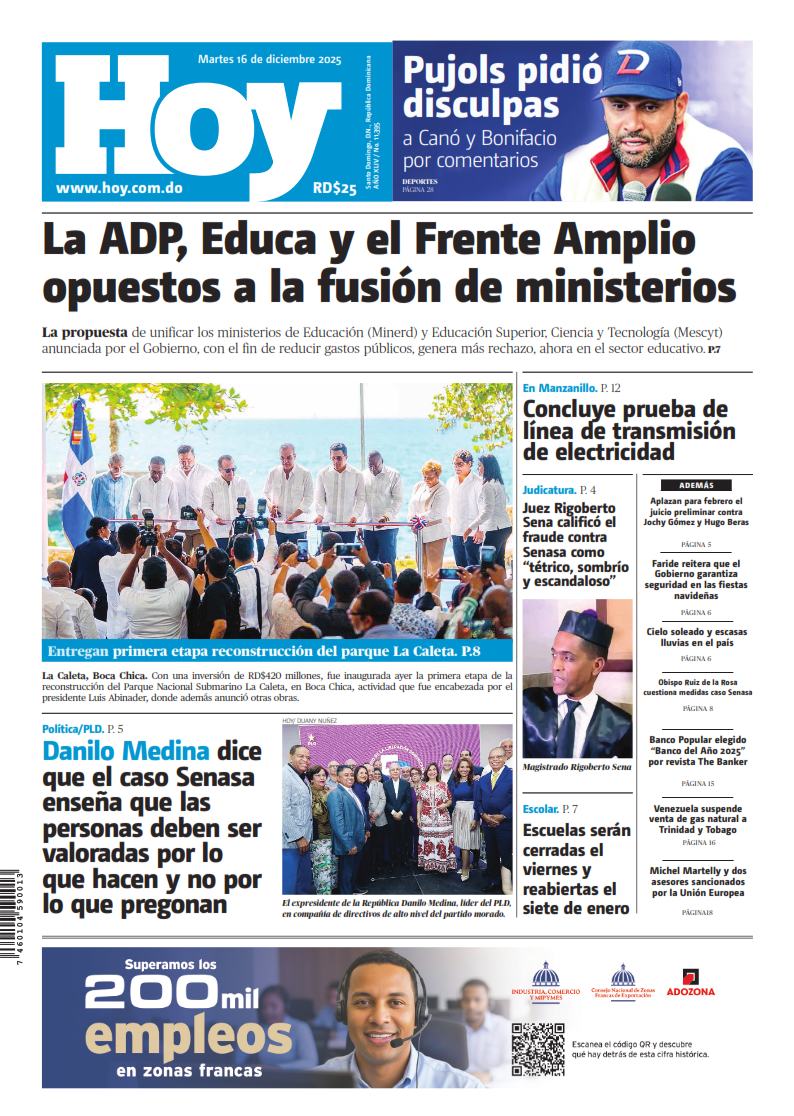 Portada Periódico Hoy, Martes 16, Diciembre, 2025