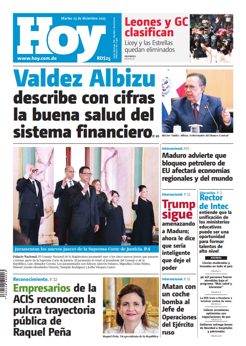 Portada Periódico Hoy, Martes 23, Diciembre, 2025