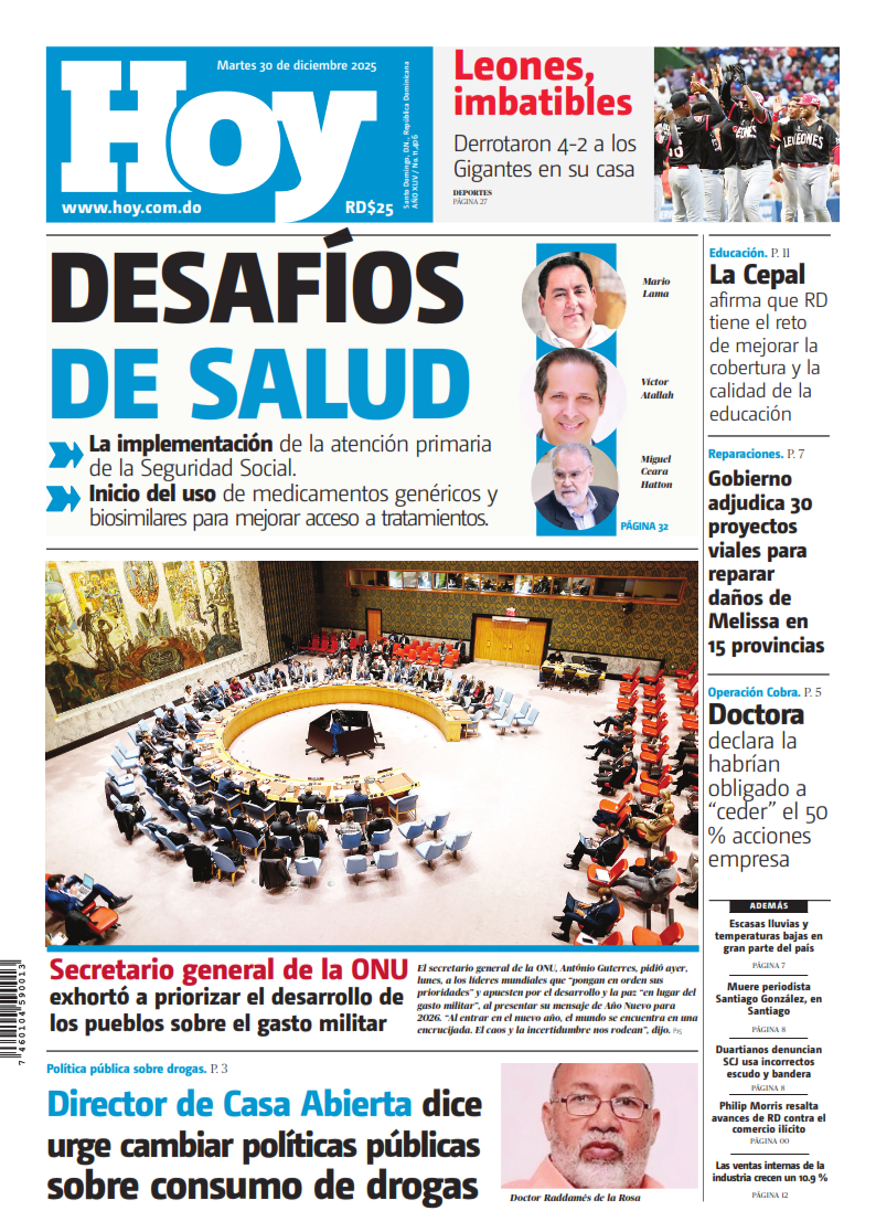 Portada Periódico Hoy, Martes 30, Diciembre, 2025