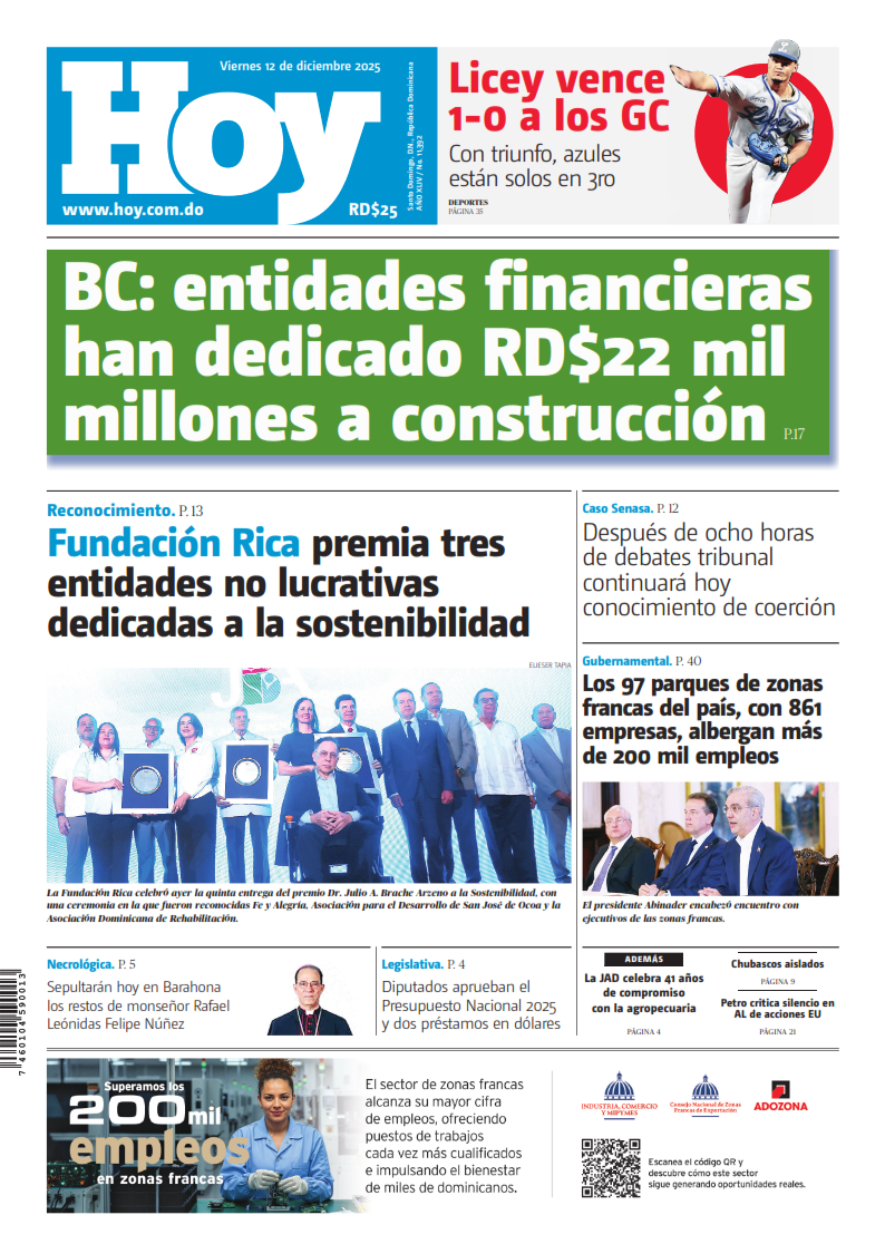 Portada Periódico Hoy, Viernes 12, Diciembre, 2025