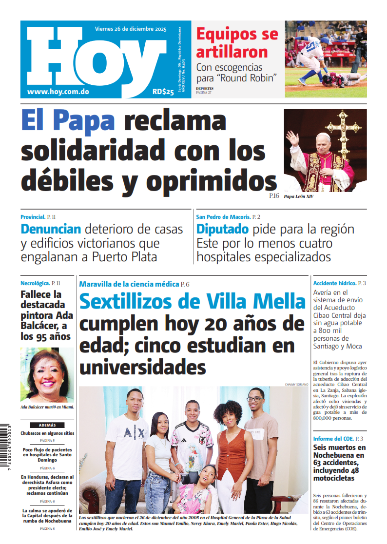 Portada Periódico Hoy, Viernes 26, Diciembre, 2025