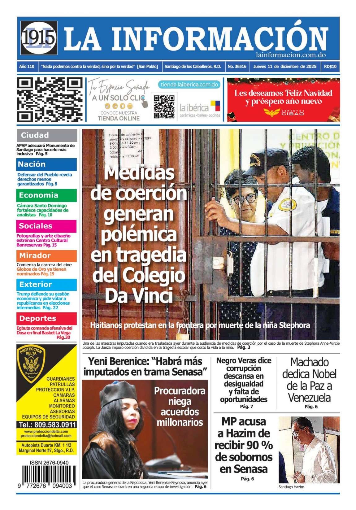 Portada Periódico La Información, Jueves 11, Diciembre, 2025