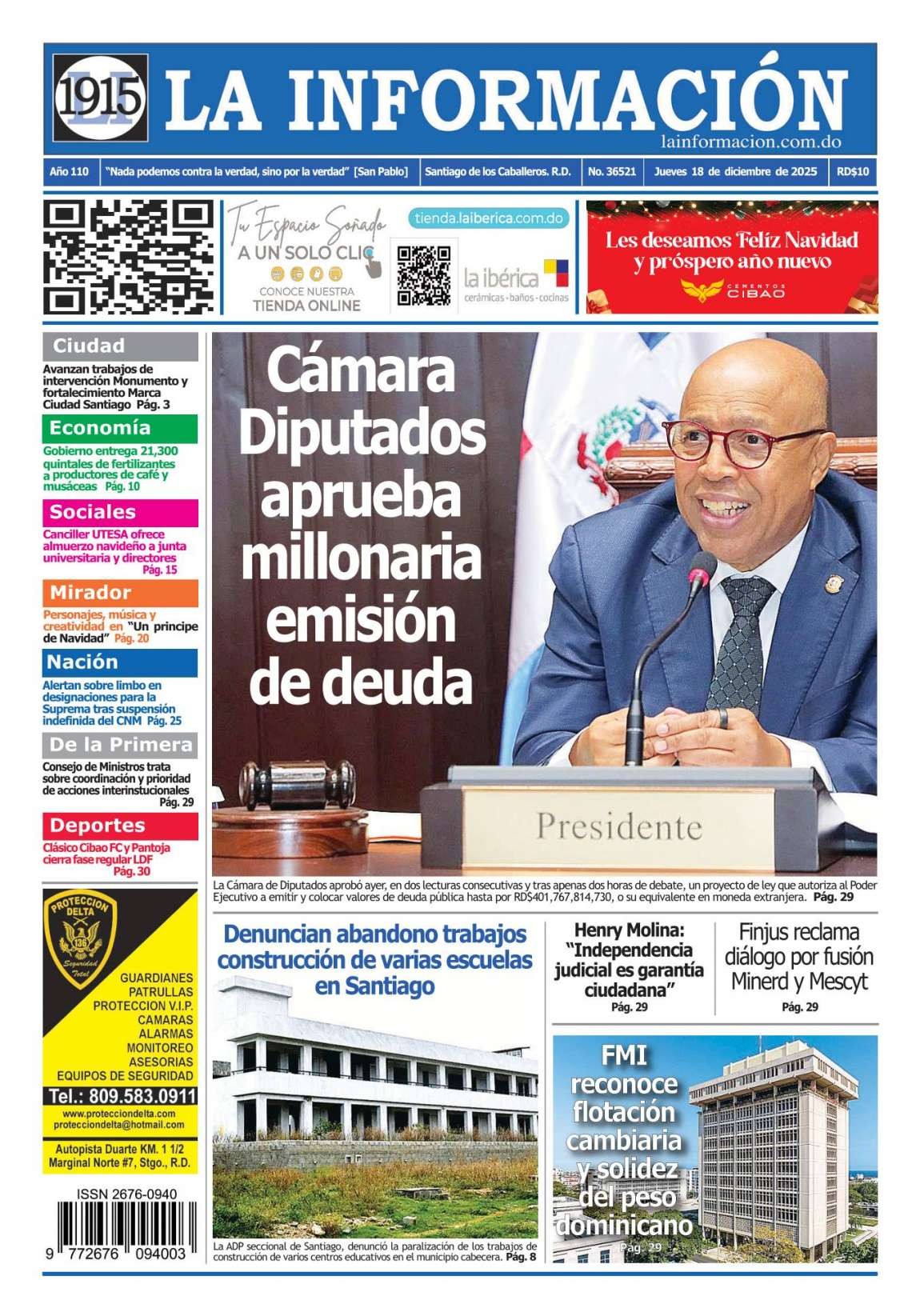 Portada Periódico La Información, Jueves 18, Diciembre, 2025