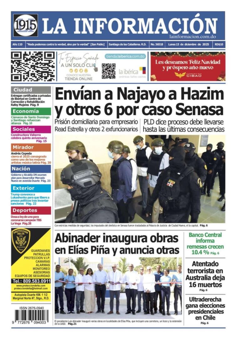 Portada Periódico La Información, Lunes 15, Diciembre, 2025
