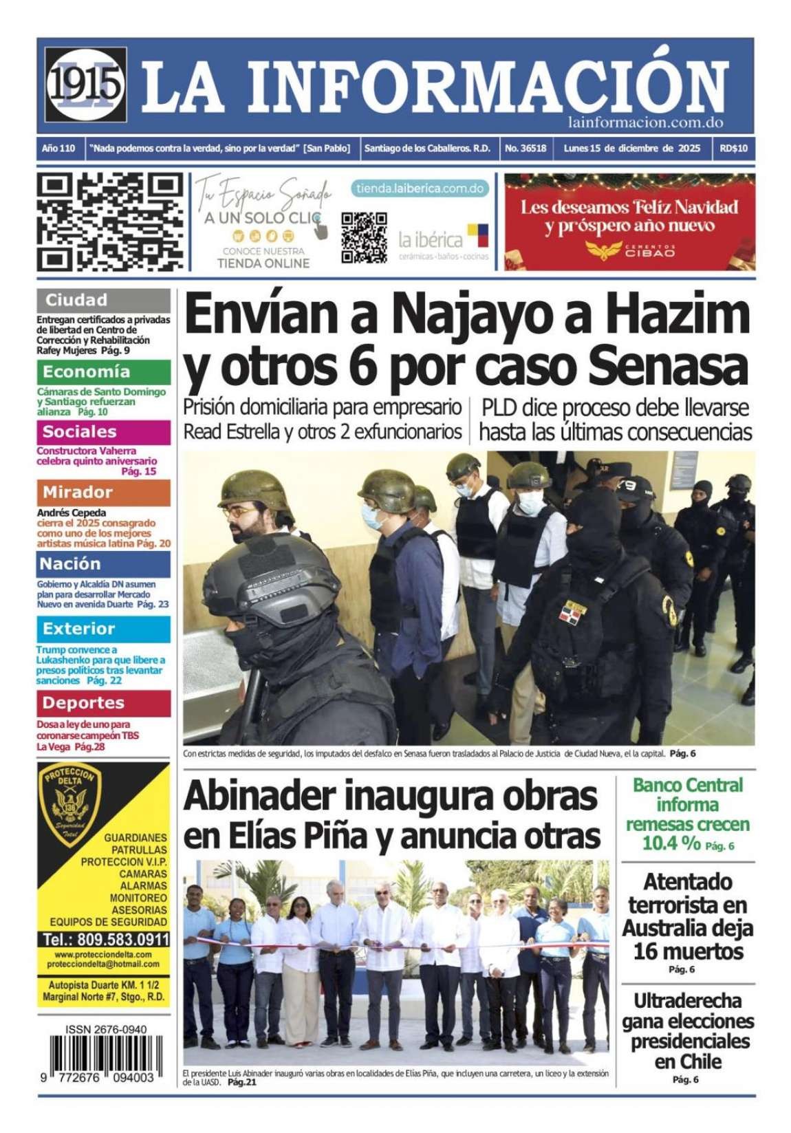 Portada Periódico La Información, Lunes 15, Diciembre, 2025