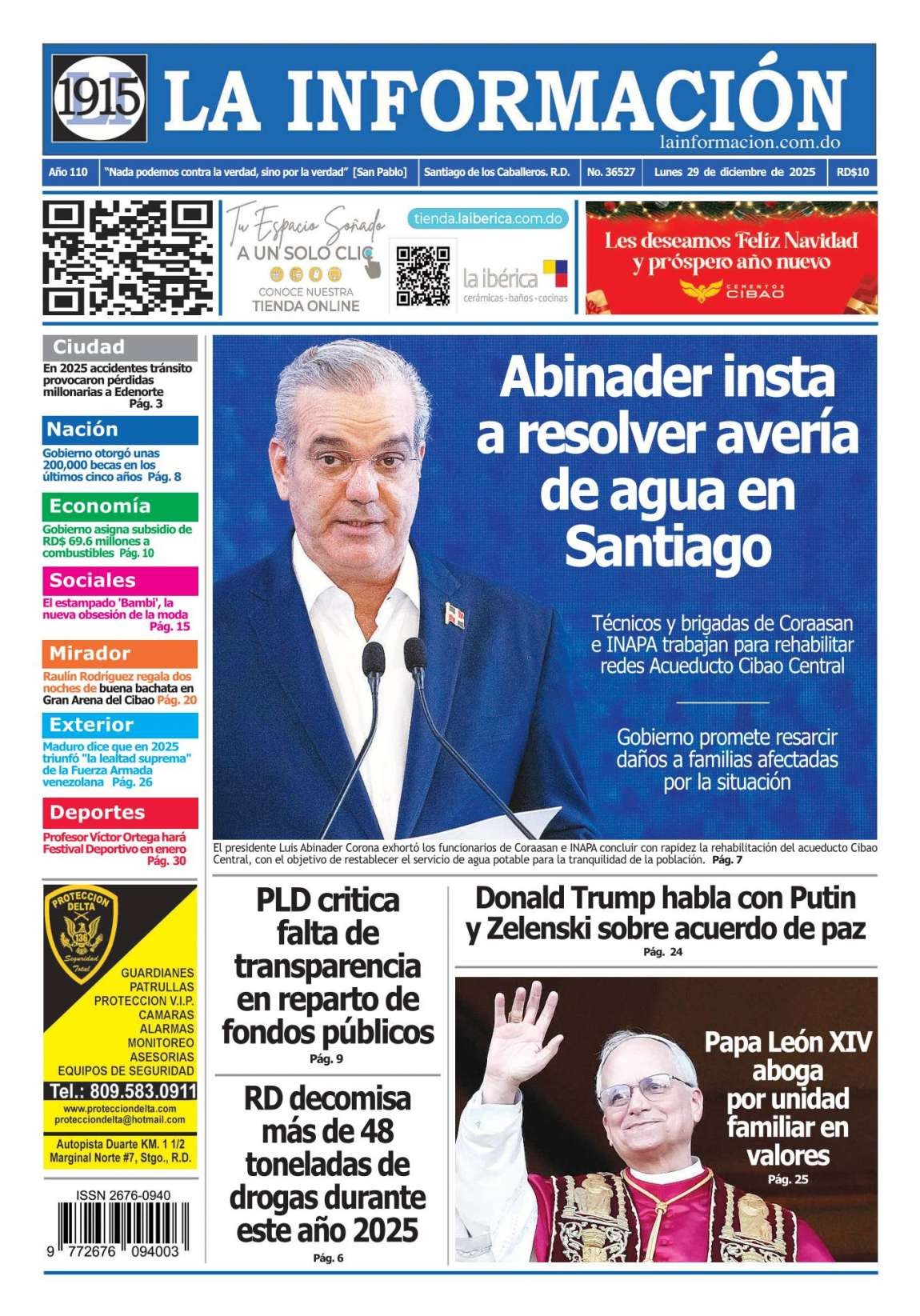 Portada Periódico La Información, Lunes 29, Diciembre, 2025