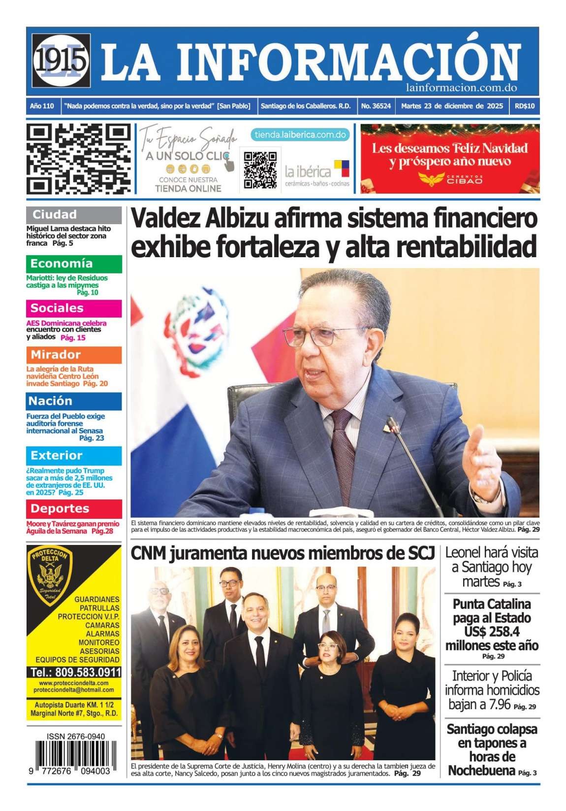 Portada Periódico La Información, Martes 23, Diciembre, 2025