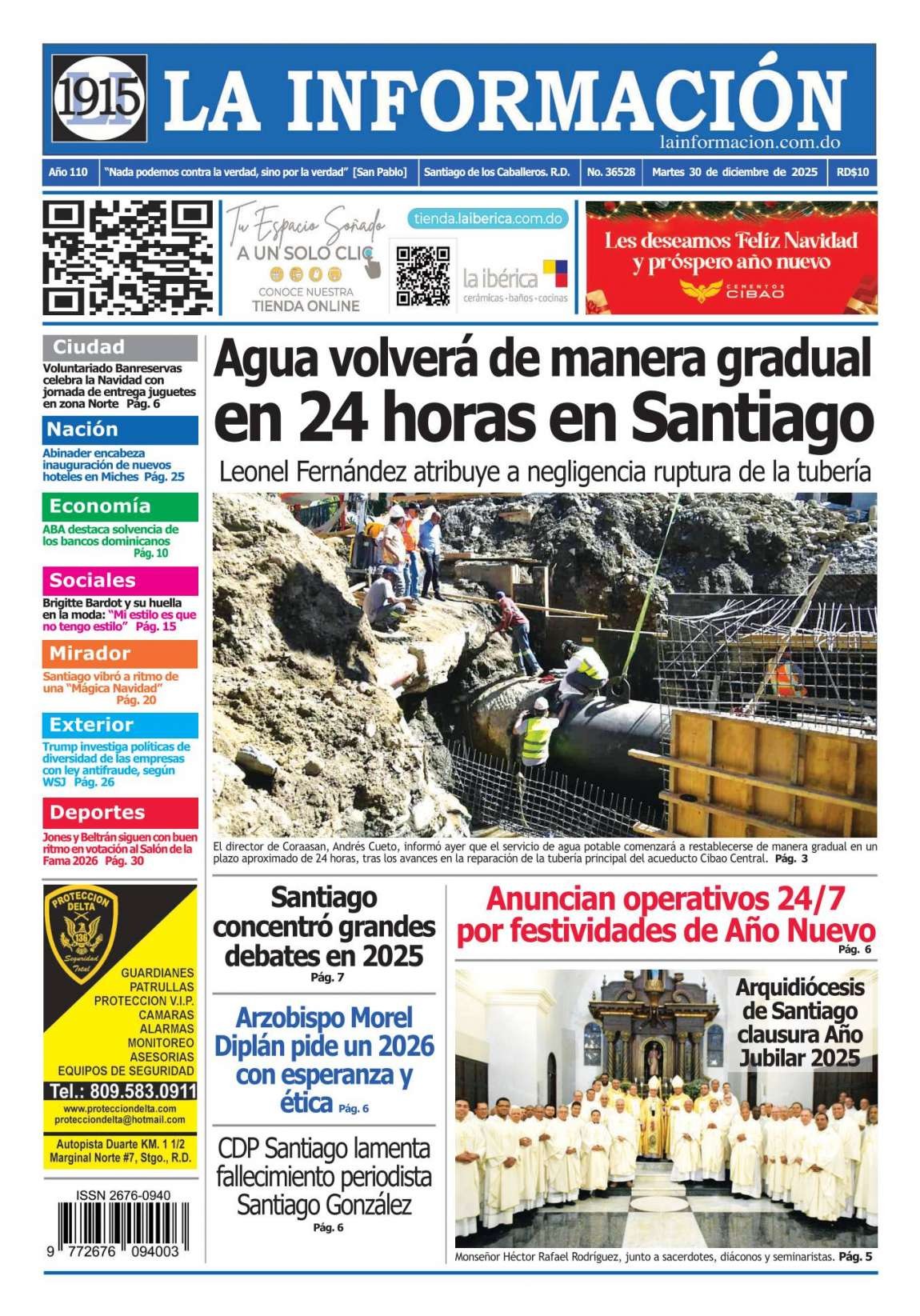 Portada Periódico La Información, Martes 30, Diciembre, 2025