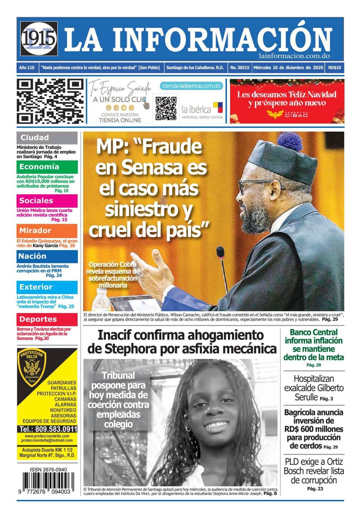 Portada Periódico La Información, Miércoles 10, Diciembre, 2025