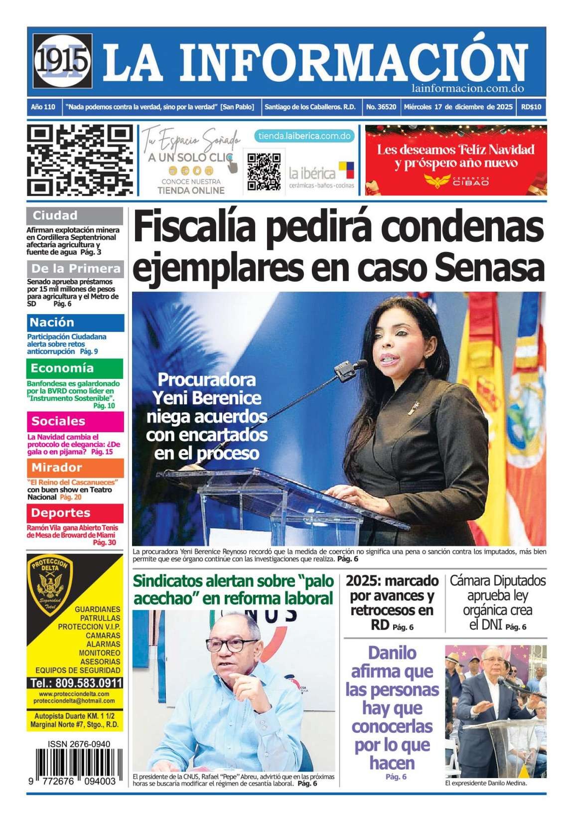 Portada Periódico La Información, Miércoles 17, Diciembre, 2025
