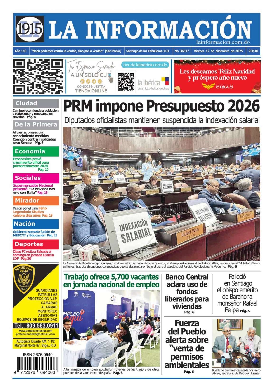Portada Periódico La Información, Viernes 12, Diciembre, 2025