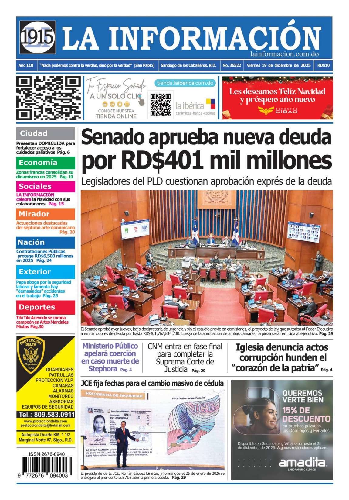 Portada Periódico La Información, Viernes 19, Diciembre, 2025