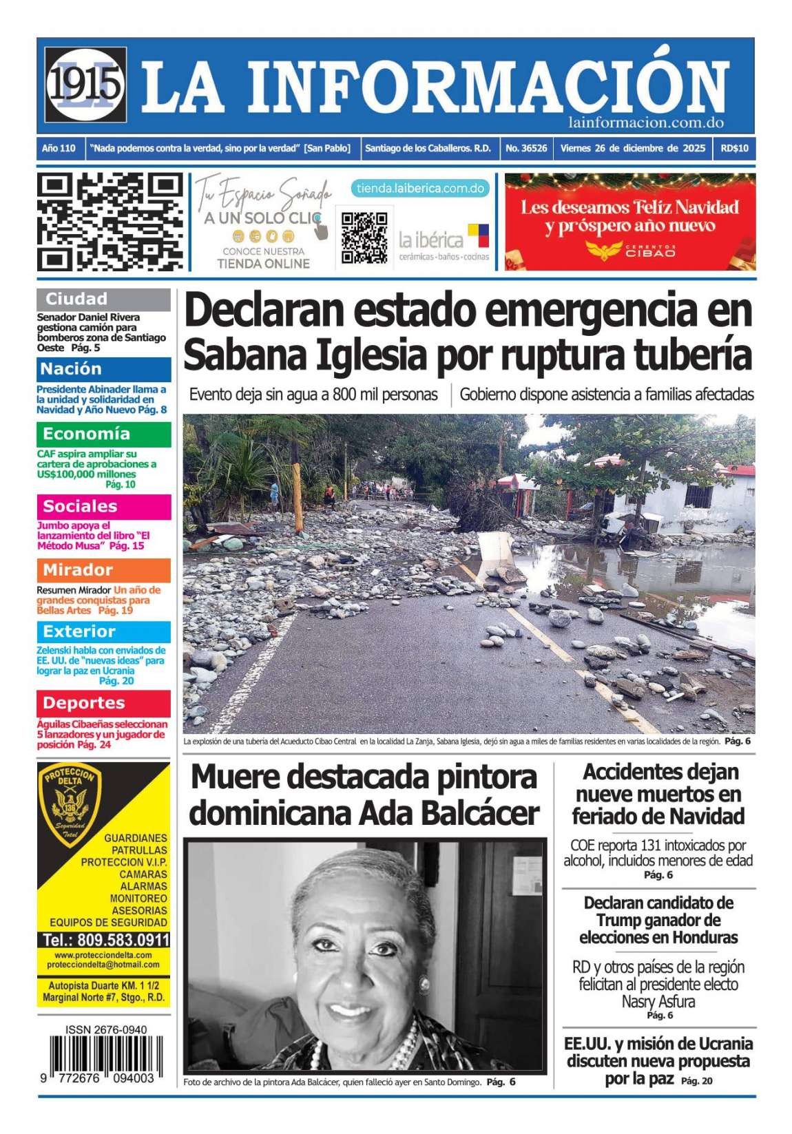 Portada Periódico La Información, Viernes 26, Diciembre, 2025