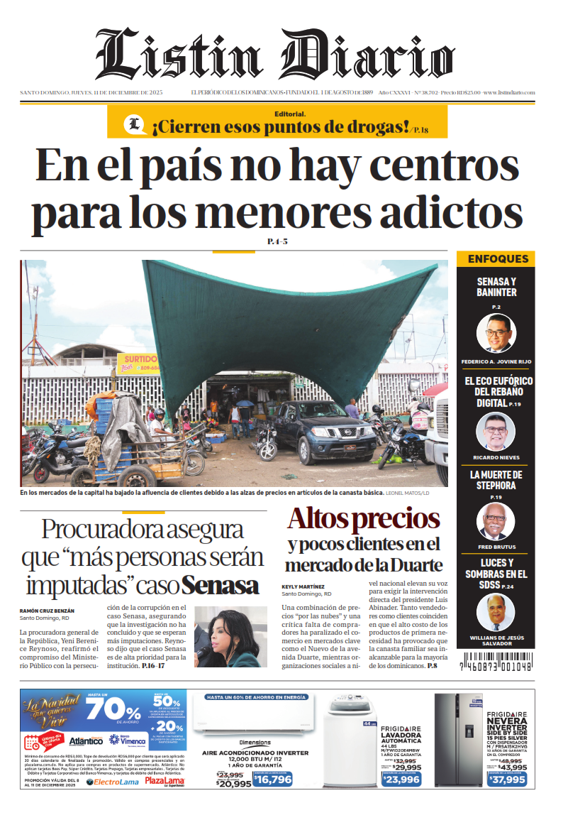 Portada Periódico Listín Diario, Jueves 11, Diciembre, 2025