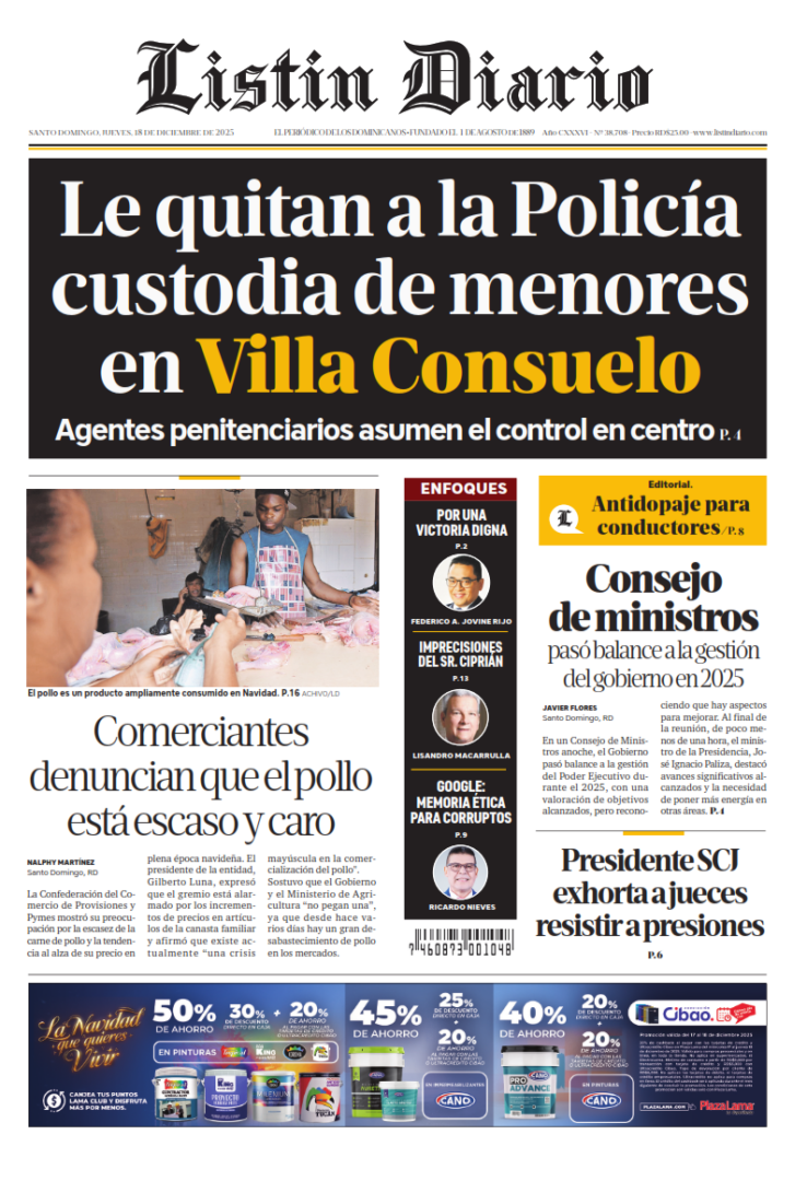 Portada Periódico Listín Diario, Jueves 18, Diciembre, 2025
