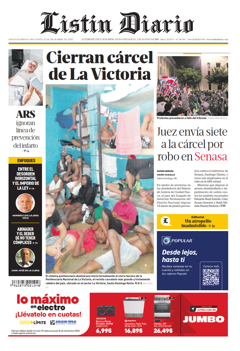 Portada Periódico Listín Diario, Lunes 15, Diciembre, 2025