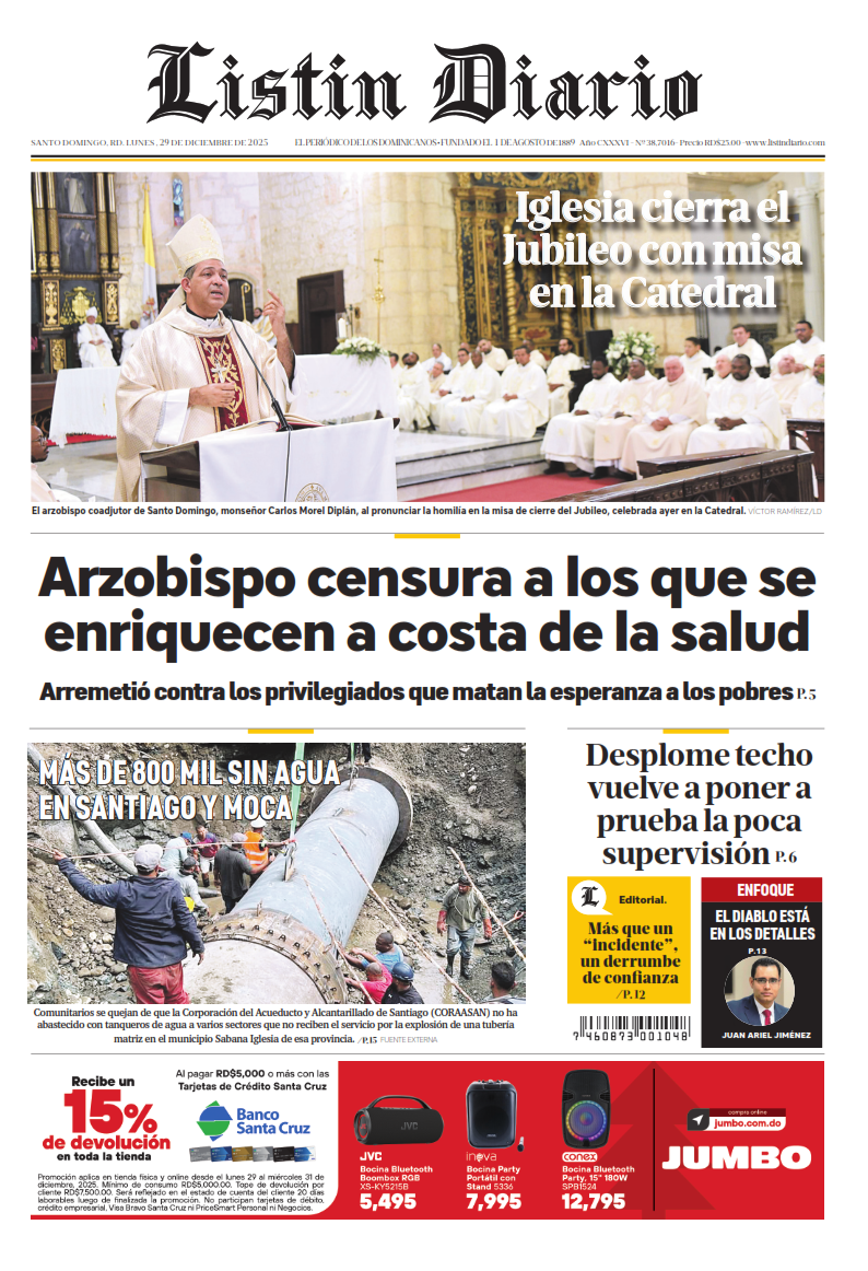 Portada Periódico Listín Diario, Lunes 29, Diciembre, 2025