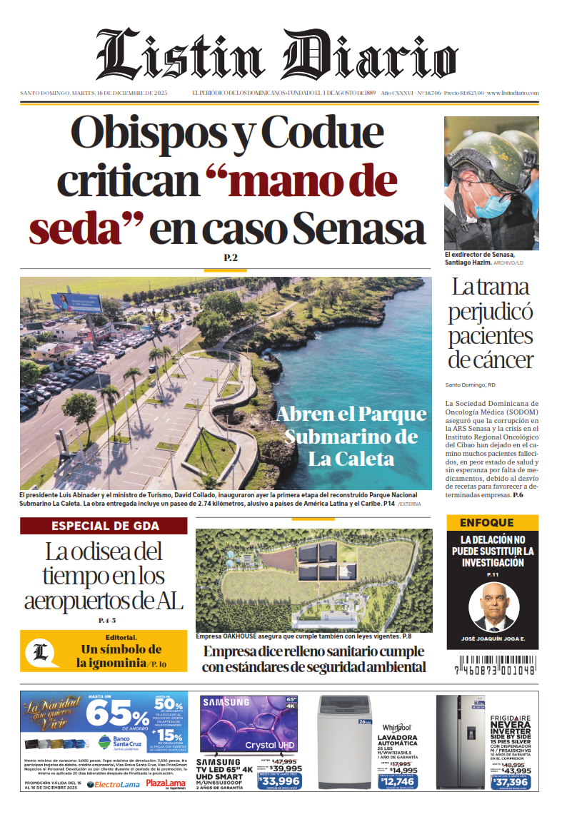 Portada Periódico Listín Diario, Martes 16, Diciembre, 2025