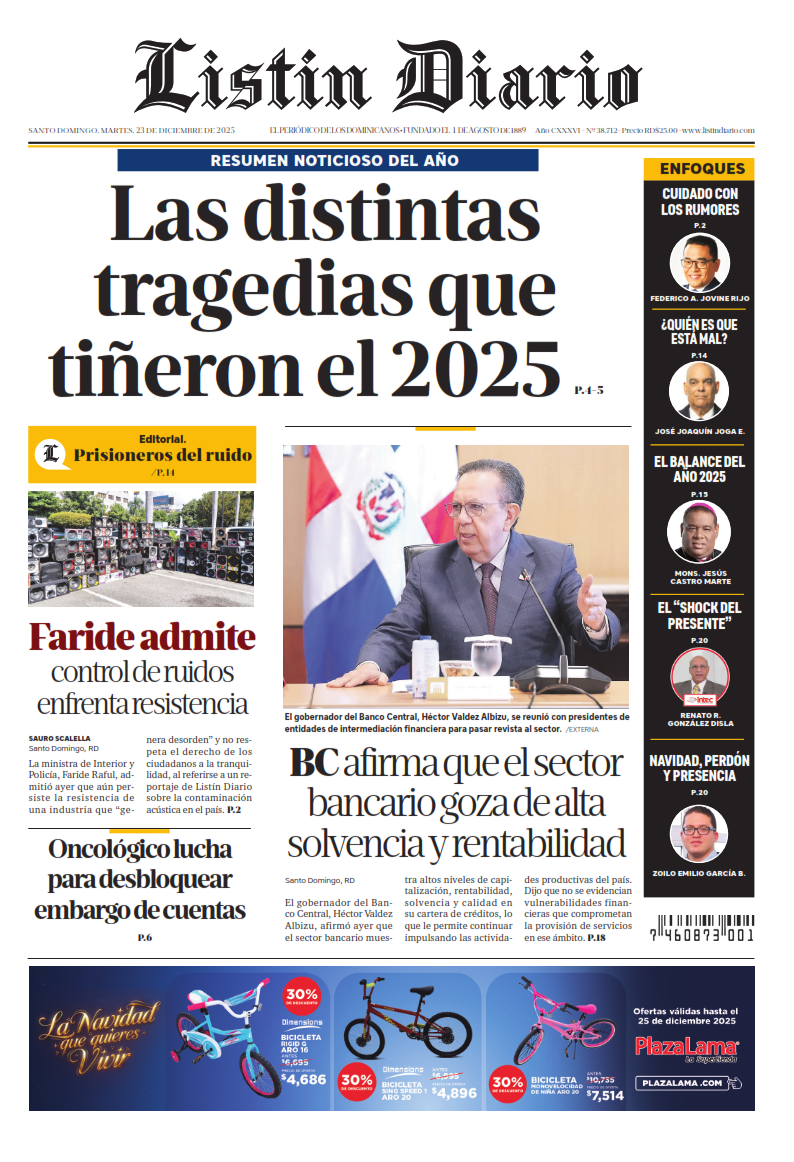 Portada Periódico Listín Diario, Martes 23, Diciembre, 2025