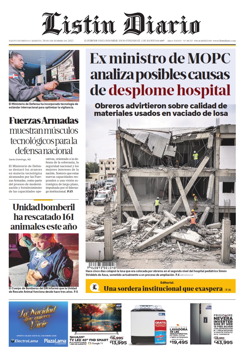 Portada Periódico Listín Diario, Martes 30, Diciembre, 2025