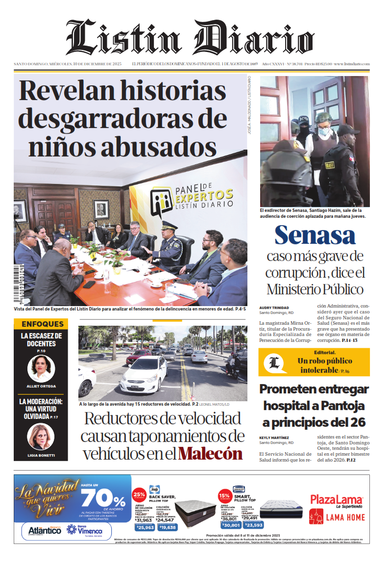 Portada Periódico Listín Diario, Miércoles 10, Diciembre, 2025
