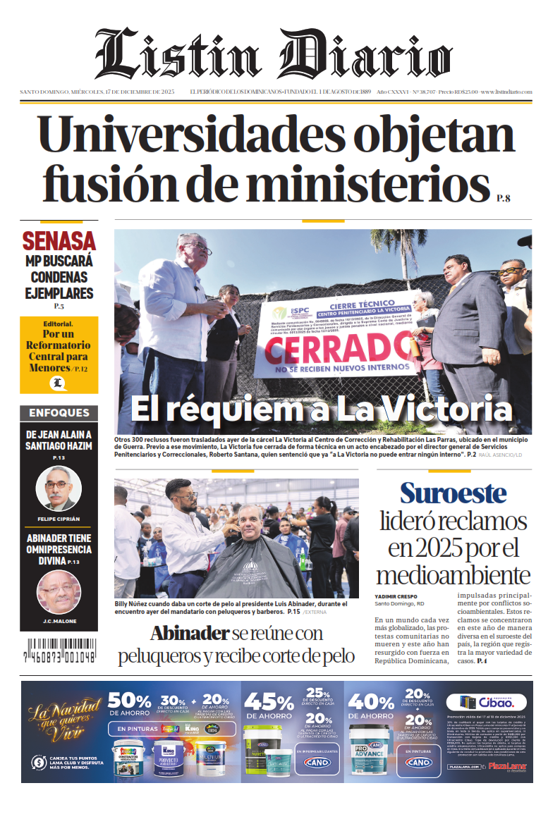 Portada Periódico Listín Diario, Miércoles 17, Diciembre, 2025