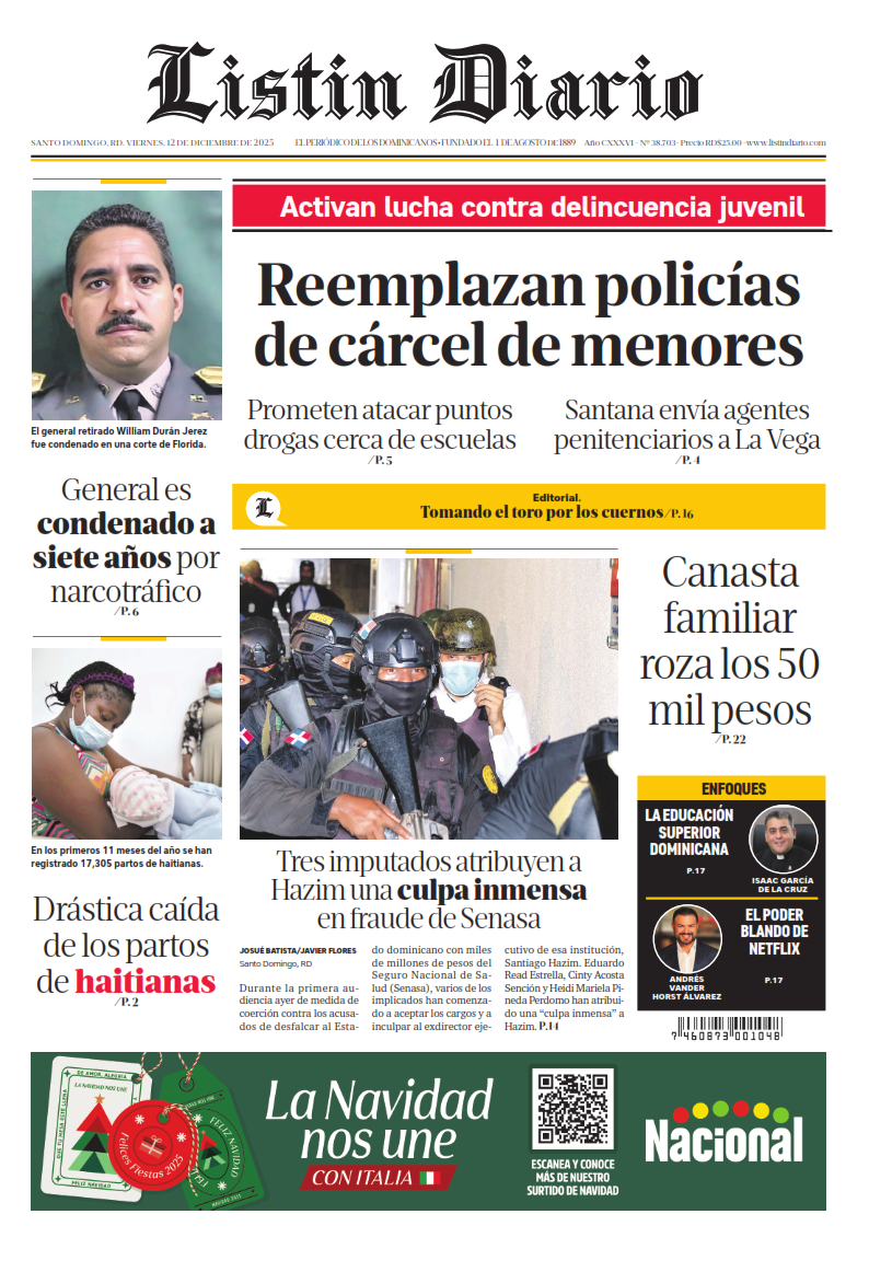 Portada Periódico Listín Diario, Viernes 12, Diciembre, 2025