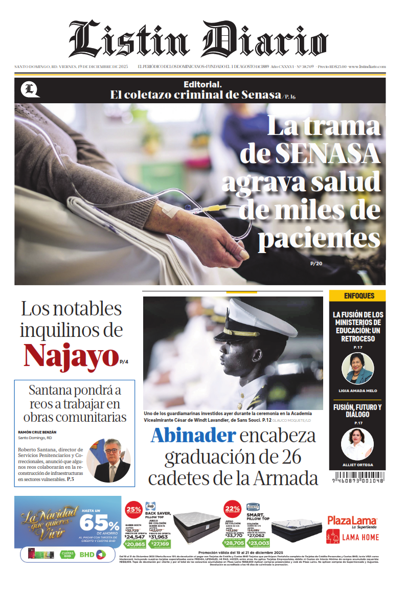 Portada Periódico Listín Diario, Viernes 19, Diciembre, 2025