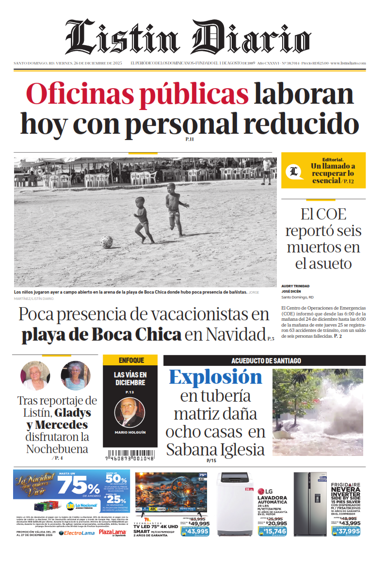 Portada Periódico Listín Diario, Viernes 26, Diciembre, 2025