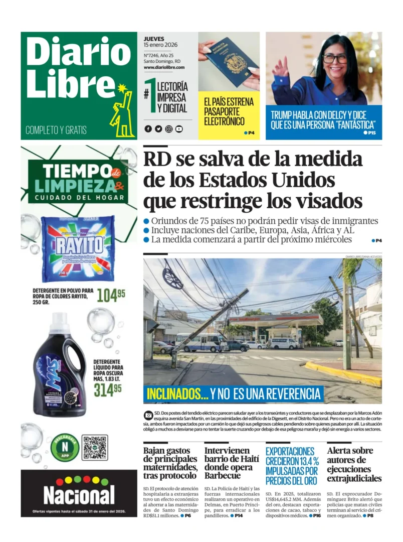 Portada Periódico Diario Libre, Jueves 15, Enero, 2026