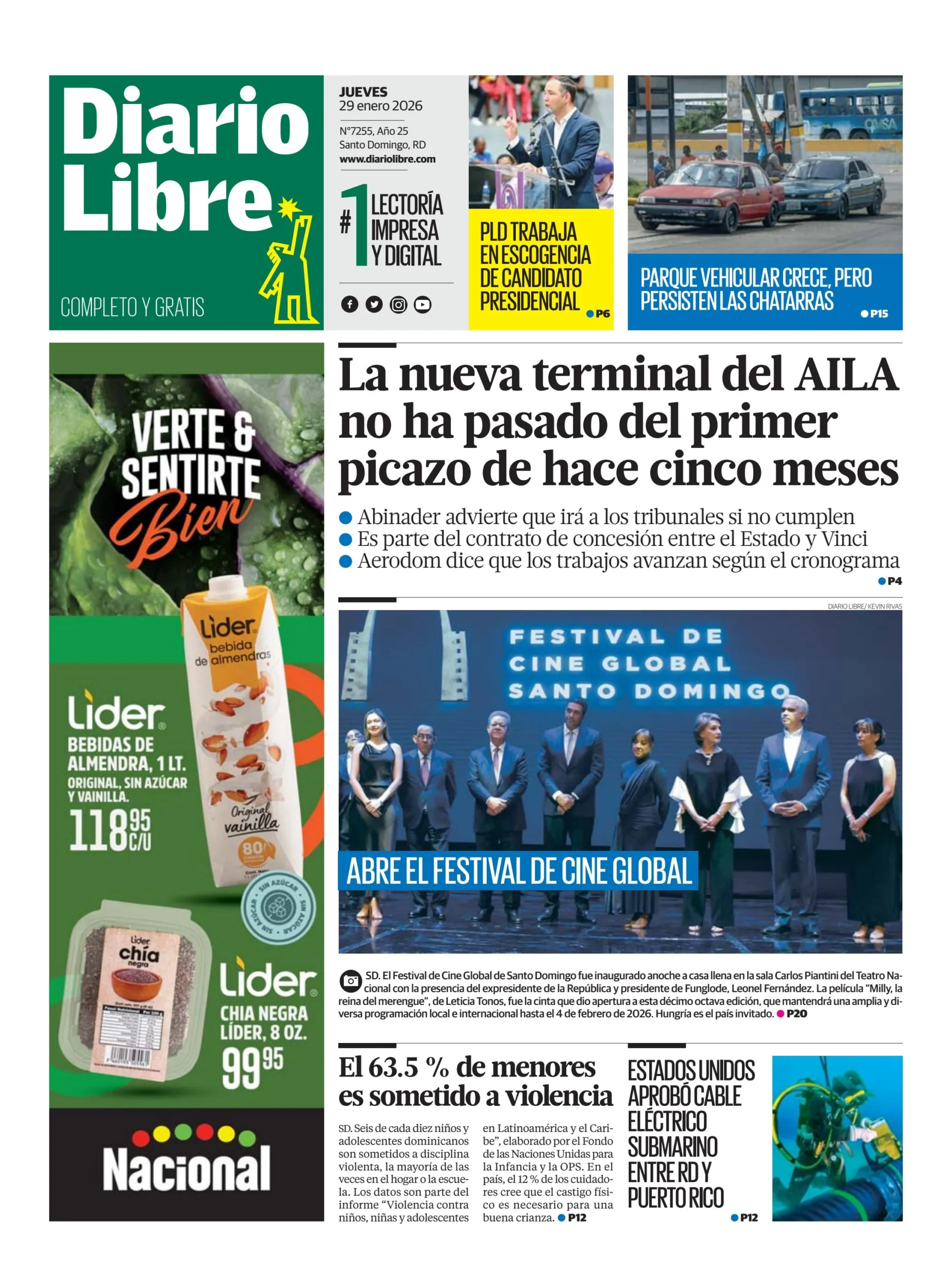 Portada Periódico Diario Libre, Jueves 29, Enero, 2026