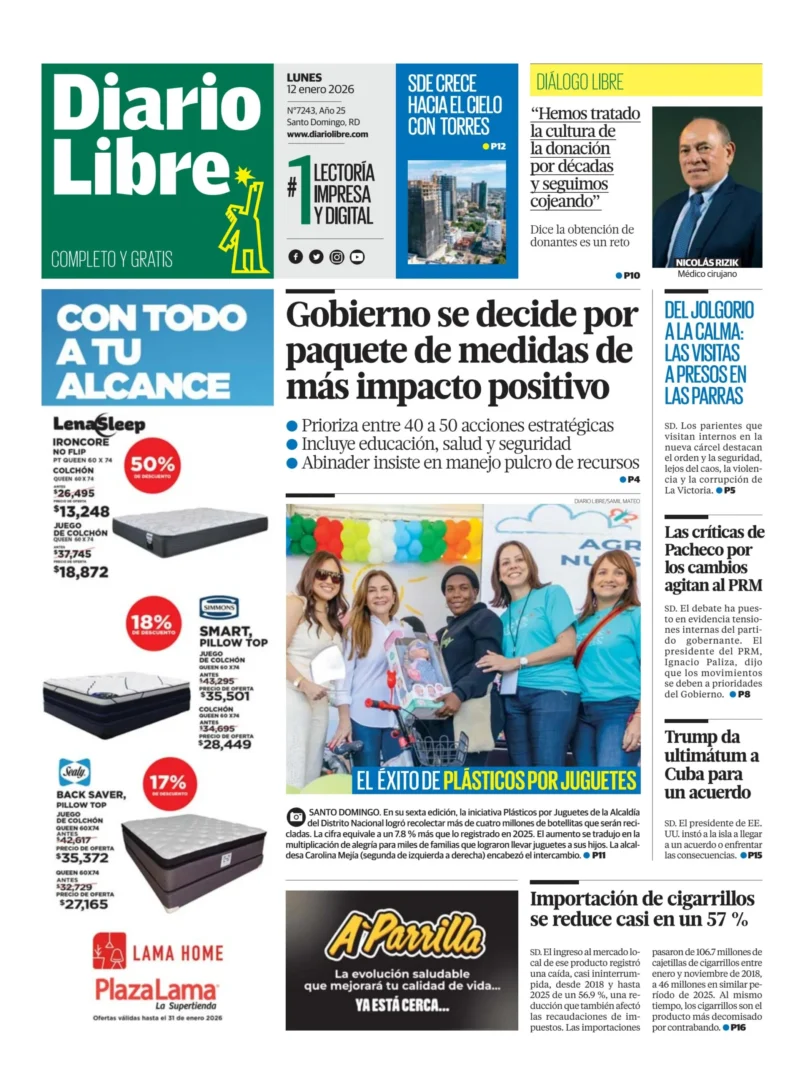 Portada Periódico Diario Libre, Lunes 12, Enero, 2026
