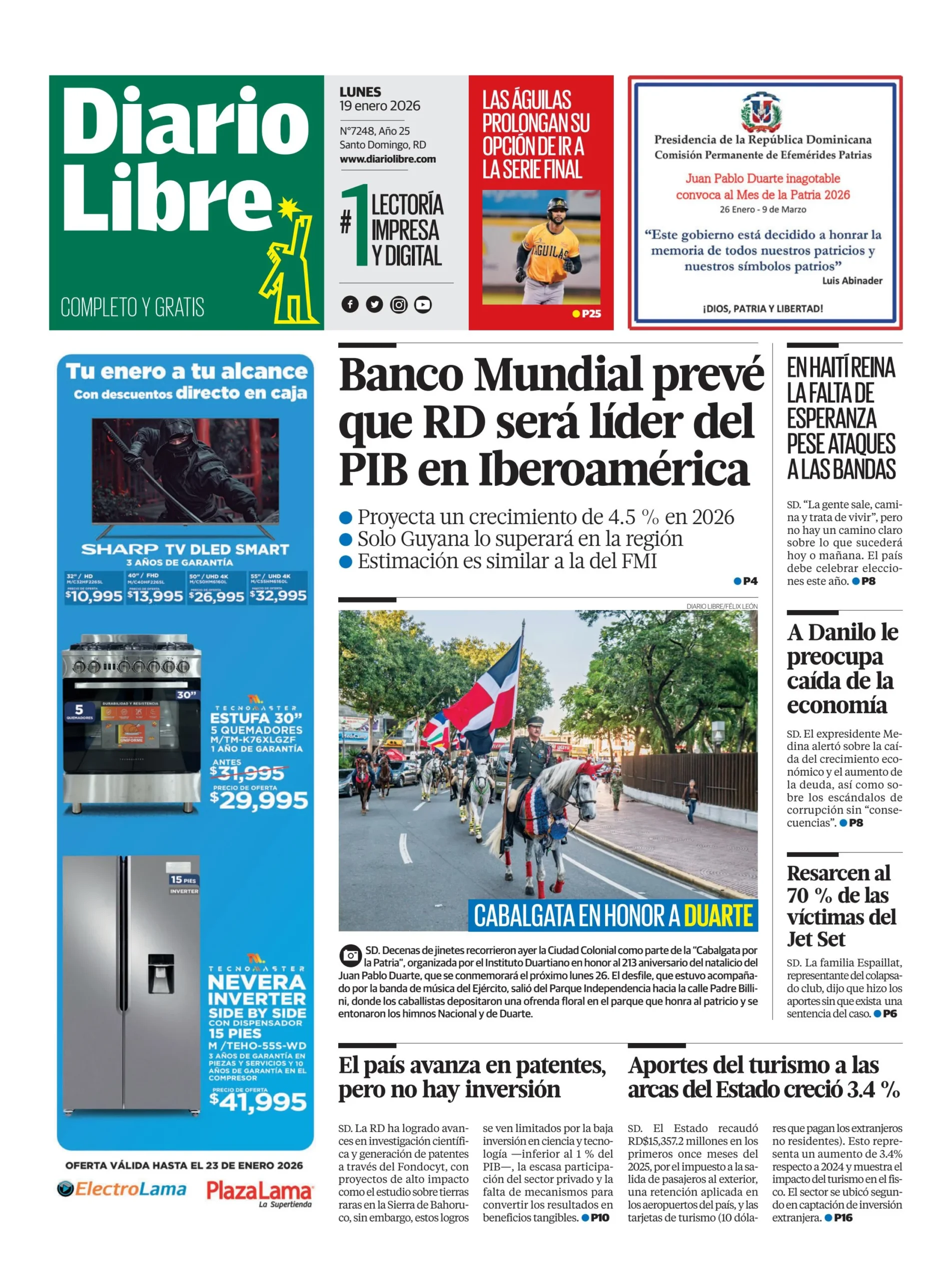 Portada Periódico Diario Libre, Lunes 19, Enero, 2026