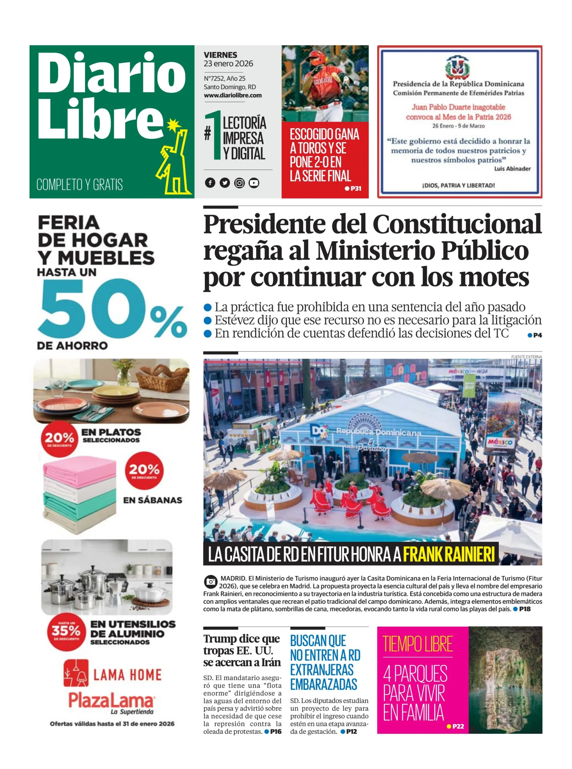 Portada Periódico Diario Libre, Lunes 26, Enero, 2026