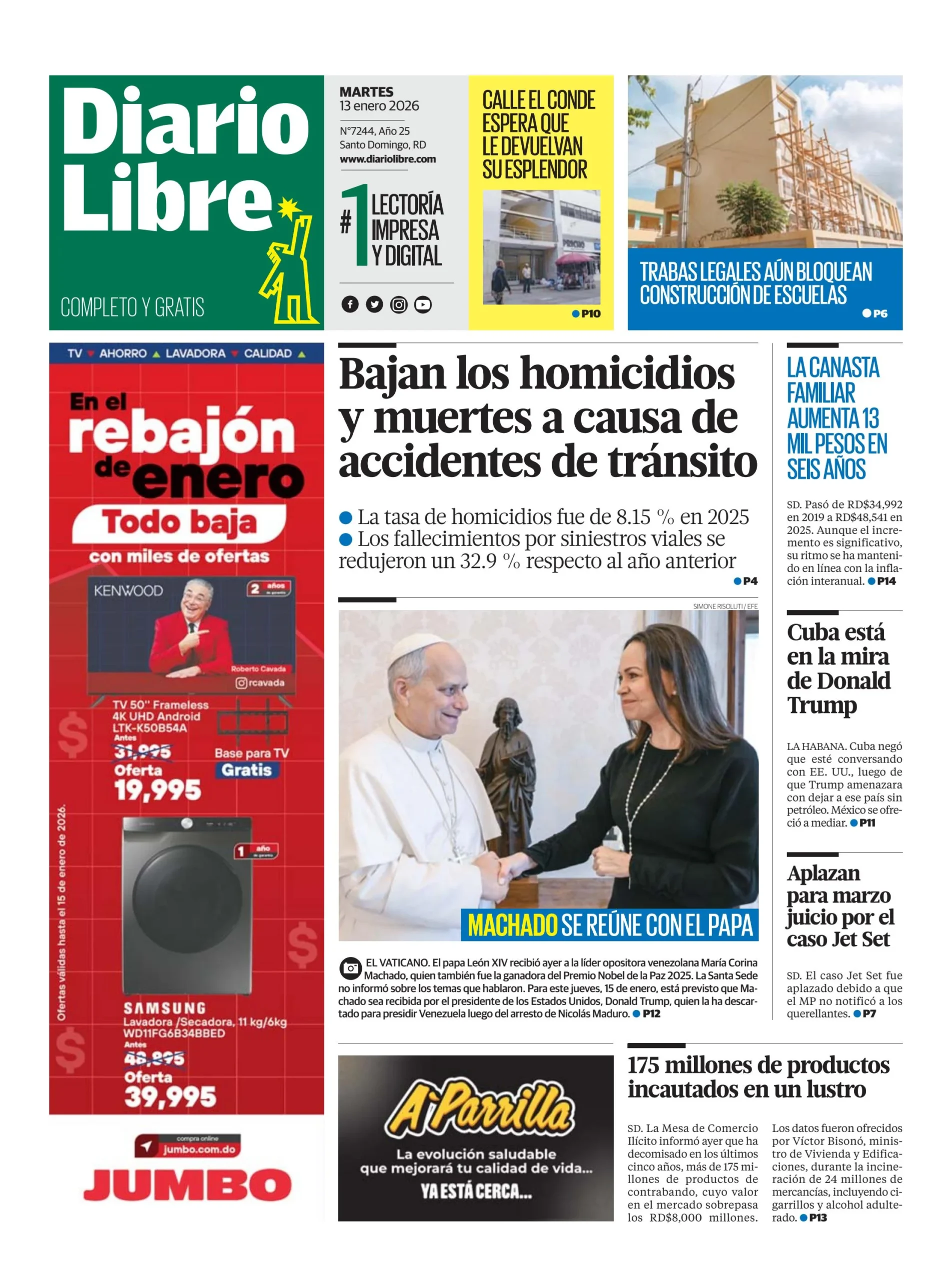 Portada Periódico Diario Libre, Martes 13, Enero, 2026