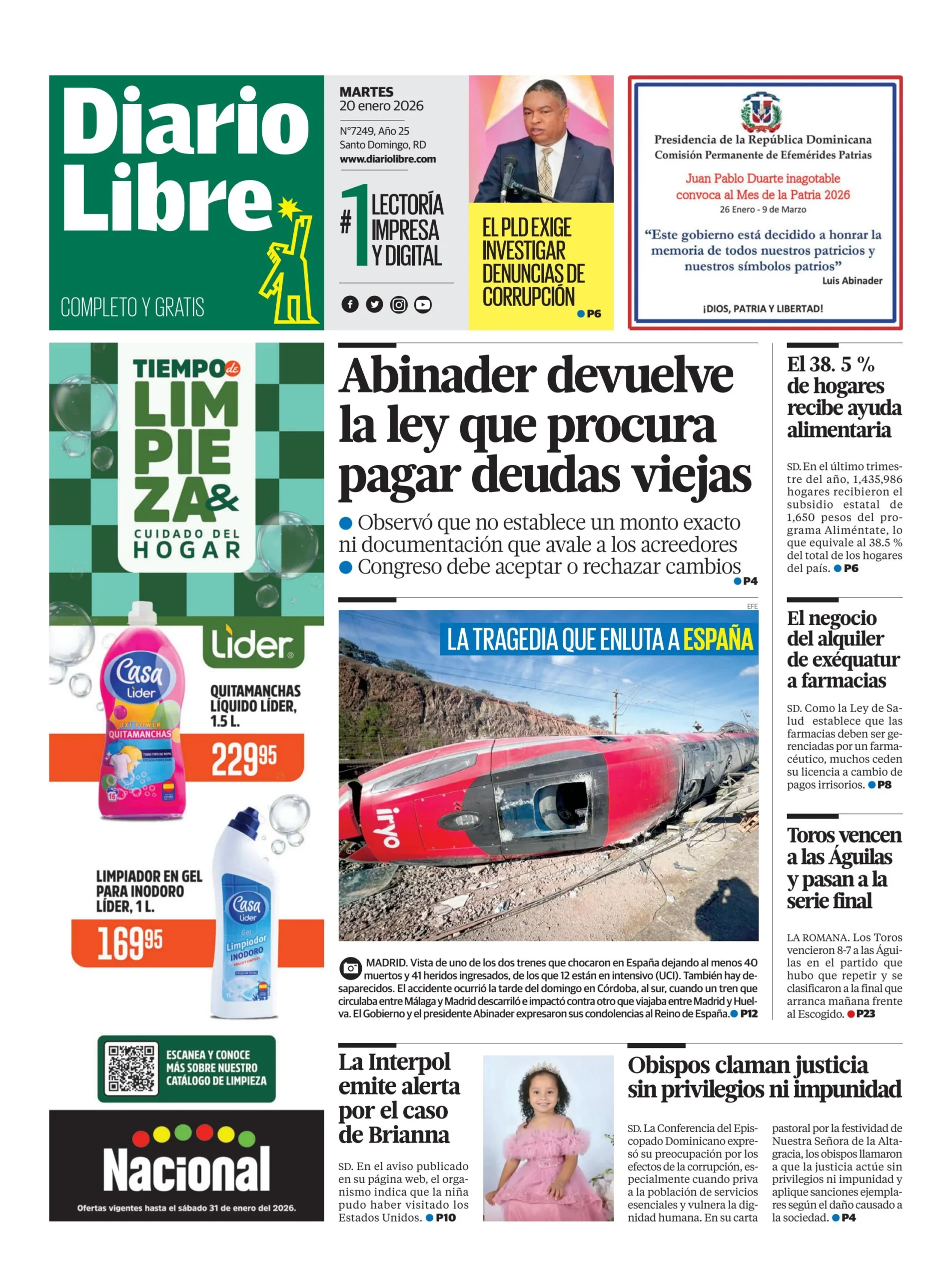 Portada Periódico Diario Libre, Martes 20, Enero, 2026