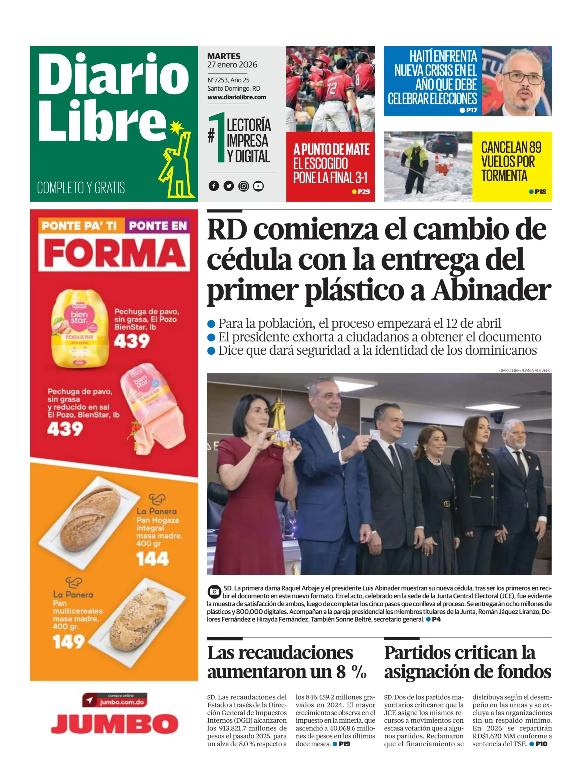 Portada Periódico Diario Libre, Martes 27, Enero, 2026