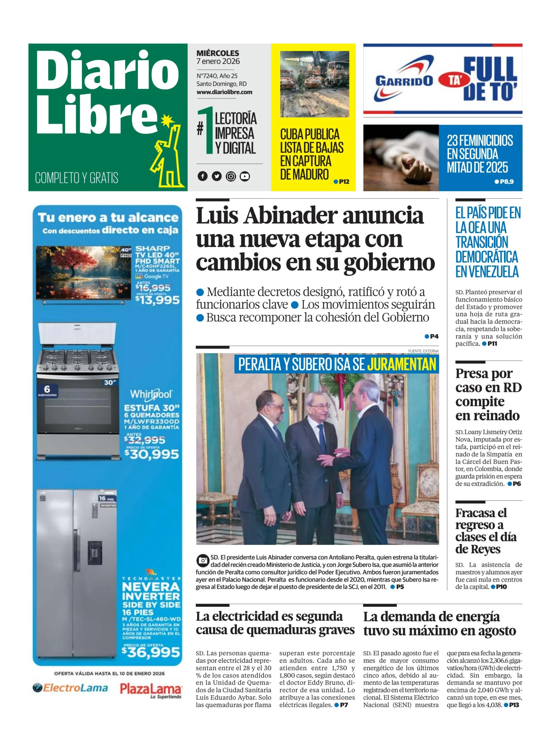Portada Periódico Diario Libre, Miércoles 07, Enero, 2026