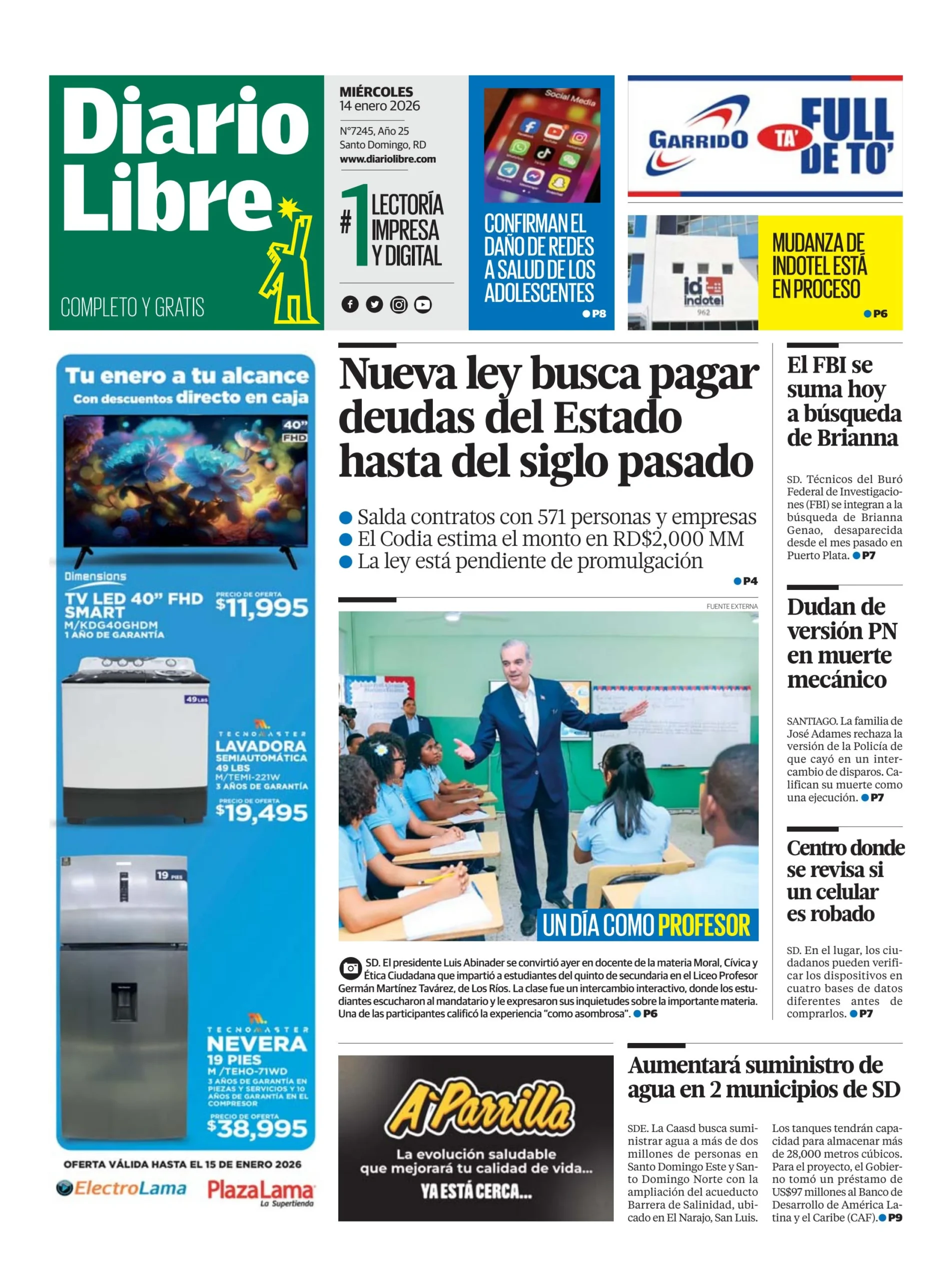 Portada Periódico Diario Libre, Miércoles 14, Enero, 2026
