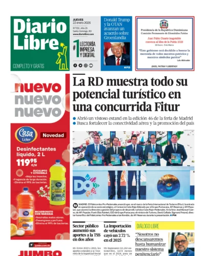 Portada Periódico Diario Libre, Miércoles 22, Enero, 2026