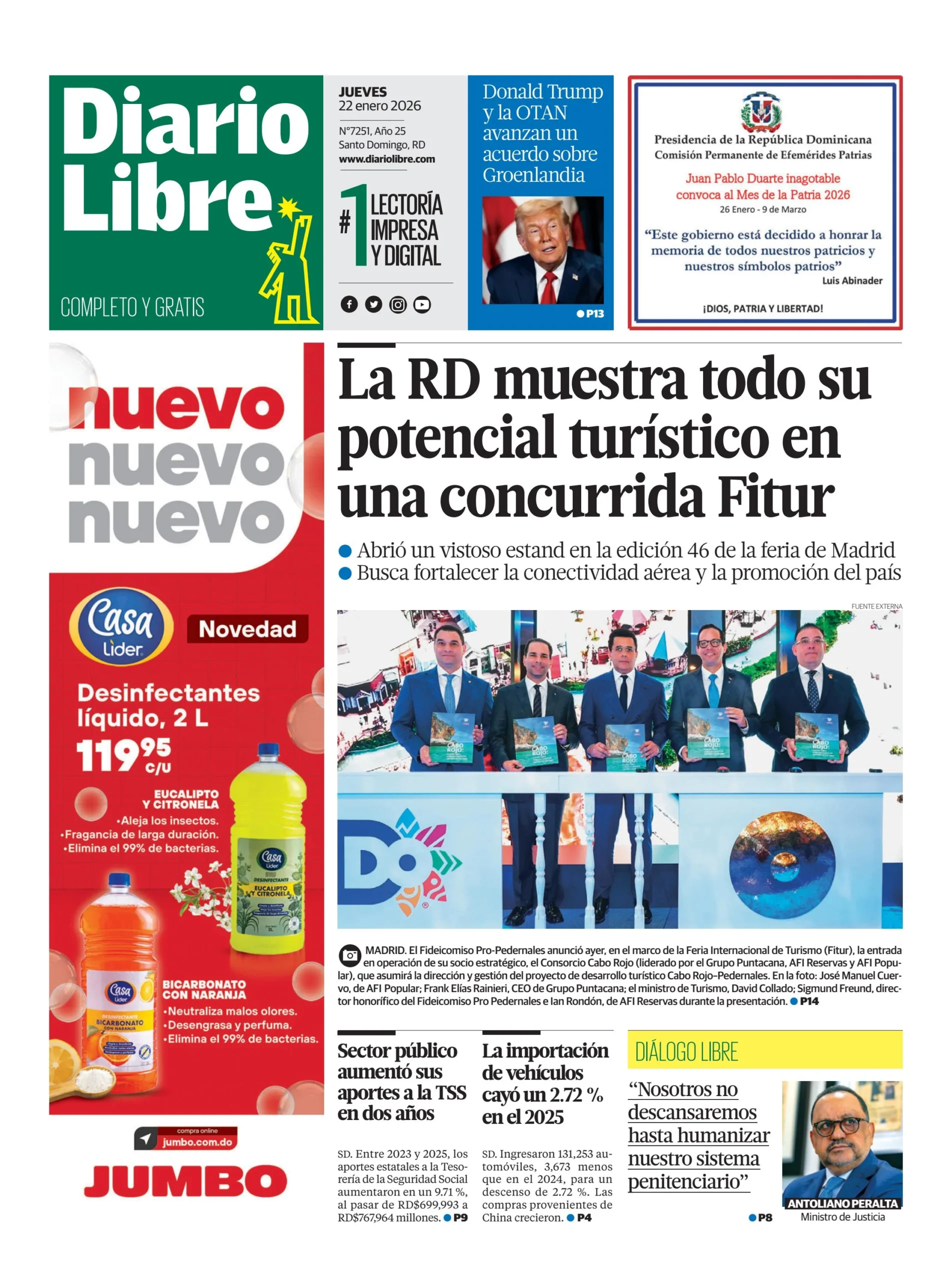 Portada Periódico Diario Libre, Miércoles 22, Enero, 2026